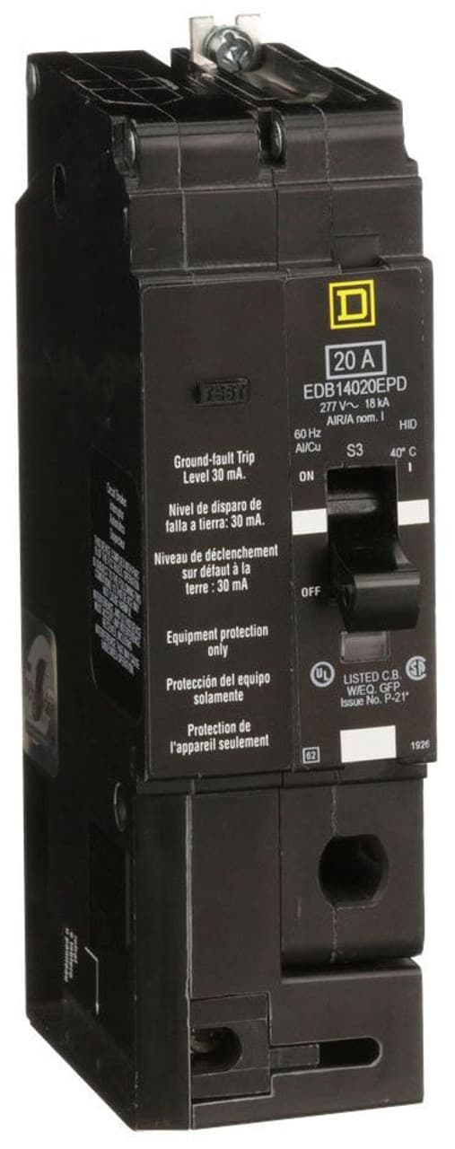 Schneider Electric EDB14020EPD Square D by Schneider Electric EDB14020EPD is a Miniature Circuit Breaker (MCB) designed for bolt-on mounting with a visual trip indicator. It features lugs type terminals and operates at a rated voltage of 277 V AC. This MCB serves as an Equipment Protection Device (EPD) and Circuit Breaker (CB) with an Earth-leakage module, offering short-circuit and overload protection functions. It supports an aluminium lugs connection and has a rated current of 20A with a single pole configuration. The residual current sensitivity is set at 30mA / 0.03, and it accommodates a cross-section of 14-6AWG (1 cable Cu). The short circuit breaking rating is specified at 25kA for 120Vac, 18kA for 240Vac, and 18kA for 277Vac. It utilizes a thermal-magnetic trip unit with protection settings at a trip unit rating of 875A. Schneider Electric EDB14020EPD Square D by Schneider Electric EDB14020EPD is a Miniature Circuit Breaker (MCB) designed for bolt-on mounting with a visual trip indicator. It features lugs type terminals and operates at a rated voltage of 277 V AC. This MCB serves as an Equipment Protection Device (EPD) and Circuit Breaker (CB) with an Earth-leakage module, offering short-circuit and overload protection functions. It supports an aluminium lugs connection and has a rated current of 20A with a single pole configuration. The residual current sensitivity is set at 30mA / 0.03, and it accommodates a cross-section of 14-6AWG (1 cable Cu). The short circuit breaking rating is specified at 25kA for 120Vac, 18kA for 240Vac, and 18kA for 277Vac. It utilizes a thermal-magnetic trip unit with protection settings at a trip unit rating of 875A.