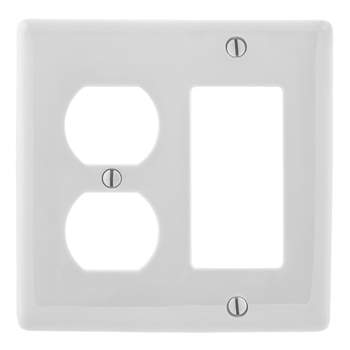 Hubbell NP826W Wallplates and Box Covers, Wallplate, Nylon, 2-Gang, 1) Duplex 1) Decorator, White ; Reinforcement ribs for extra strength ; High-impact, self-extinguishing nylon material ; Captive screw feature holds mounting screw in place ; Standard Size is 1/8" larg Hubbell NP826W Wallplates and Box Covers, Wallplate, Nylon, 2-Gang, 1) Duplex 1) Decorator, White ; Reinforcement ribs for extra strength ; High-impact, self-extinguishing nylon material ; Captive screw feature holds mounting screw in place ; Standard Size is 1/8" larg