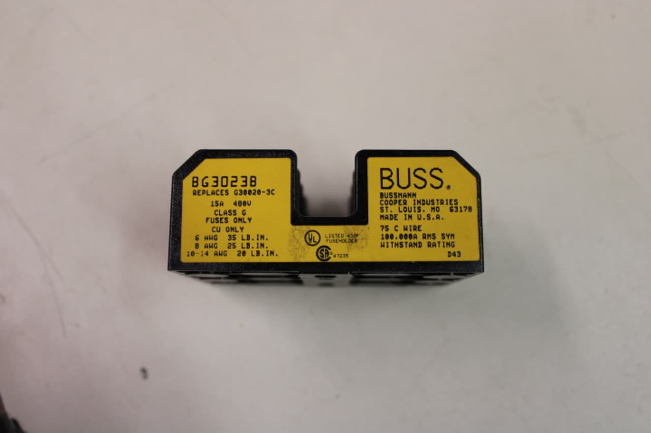 Cooper Bussmann BG3023B 600 V, 20 A, Thermoplastic, 3-Pole, Box Lug Terminal, DIN Rail Adapter Mount, Class G, Barrier, Fuse Block Cooper Bussmann BG3023B 600 V, 20 A, Thermoplastic, 3-Pole, Box Lug Terminal, DIN Rail Adapter Mount, Class G, Barrier, Fuse Block