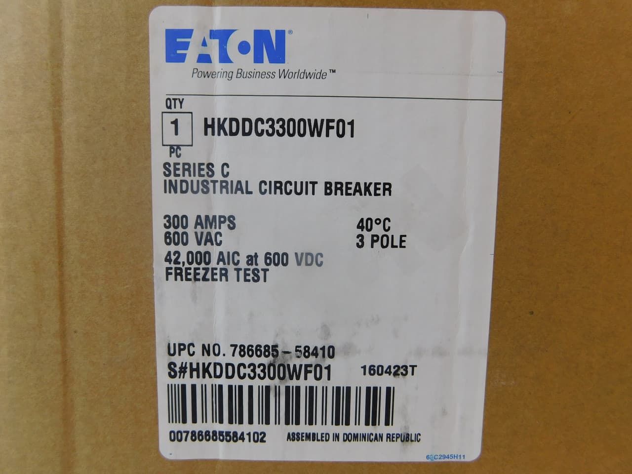 Eaton HKDDC3300WF01 HKDDC3300WF01 Eaton - Eaton Series C DC/PvGard complete molded case circuit breaker, K-frame, HKD, Complete breaker, Interchangeable thermal-magnetic trip type, Three-pole, 300A, 600 Vac, 250 Vdc, 42 kAIC at 600 Vdc, Without terminals, Vdc, Freeze tested Eaton HKDDC3300WF01 HKDDC3300WF01 Eaton - Eaton Series C DC/PvGard complete molded case circuit breaker, K-frame, HKD, Complete breaker, Interchangeable thermal-magnetic trip type, Three-pole, 300A, 600 Vac, 250 Vdc, 42 kAIC at 600 Vdc, Without terminals, Vdc, Freeze tested