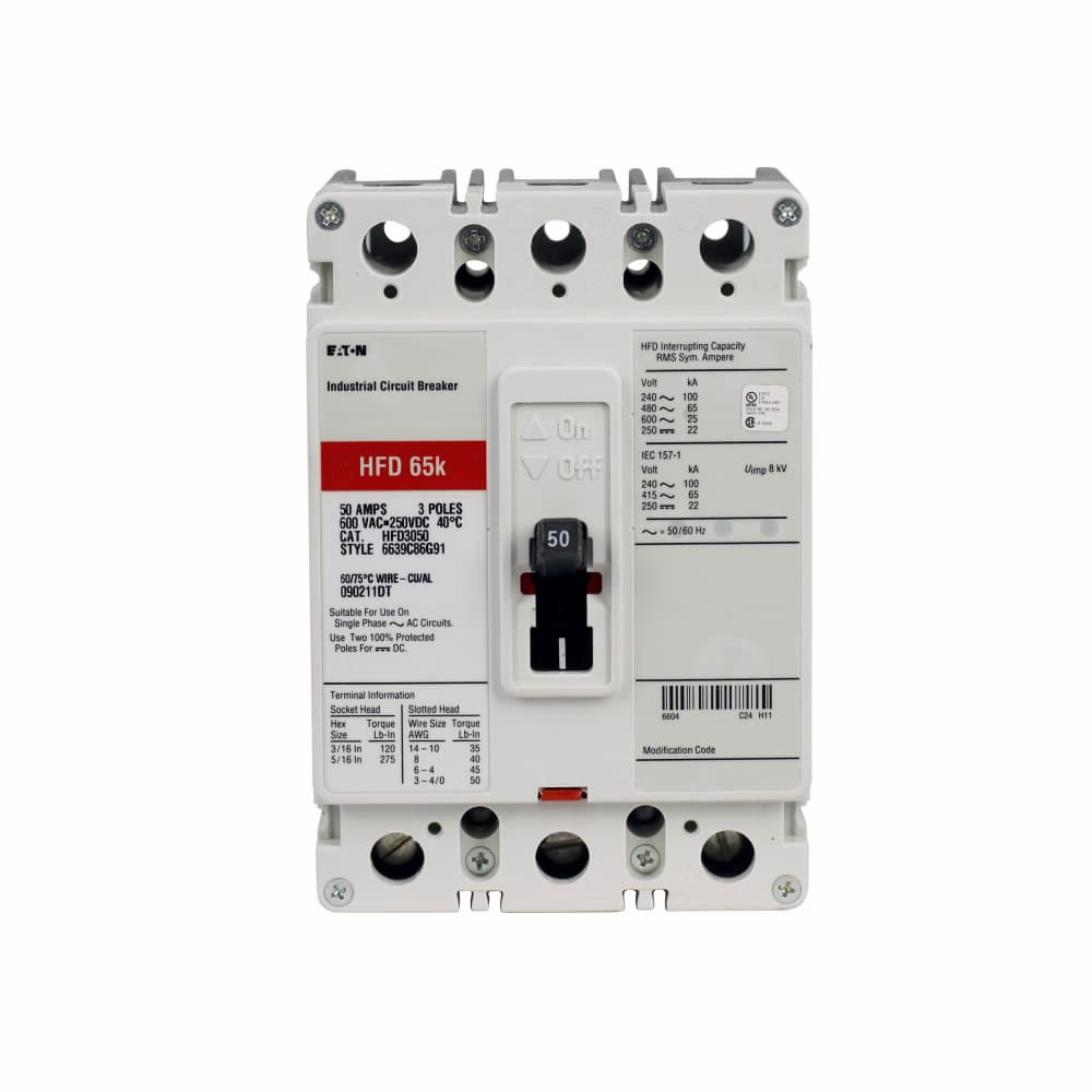 Eaton HFD3015LZ03A02 Eaton Series C complete molded case circuit breaker, F-frame, HFD, Fixed thermal, fixed magnetic trip, Three-pole, 15A, 600 Vac, 250 Vdc, 100 kAIC at 240 Vac, 65 kAIC at 480 Vac, Optional line and load, 1A-1B rear w/ left pigtail, 50/60 Hz Eaton HFD3015LZ03A02 Eaton Series C complete molded case circuit breaker, F-frame, HFD, Fixed thermal, fixed magnetic trip, Three-pole, 15A, 600 Vac, 250 Vdc, 100 kAIC at 240 Vac, 65 kAIC at 480 Vac, Optional line and load, 1A-1B rear w/ left pigtail, 50/60 Hz
