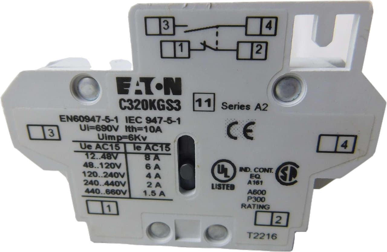 Eaton C320KGS3 C320KGS3 Eaton - Eaton Freedom NEMA auxiliary contact, Used on Starter and Contactors, 1NO 1NC contacts, Side mounting Eaton C320KGS3 C320KGS3 Eaton - Eaton Freedom NEMA auxiliary contact, Used on Starter and Contactors, 1NO 1NC contacts, Side mounting