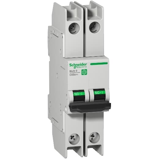 Schneider Electric M9F52201 Schneider Electric M9F52201 is a Miniature Circuit Breaker (MCB) within the C60BPR sub-range, designed to comply with UL489 standards. This 2-pole MCB has a rated current of 1A and features a rated insulation voltage (Ui) of 500V, with a rated impulse voltage (Uimp) of 6kV. It offers a short circuit breaking rating of 14kA AIR at both 120Vac and 240Vac, and 10kA AIR at 480Y/277Vac and 125Vdc. The rated voltage (AC) for phase-to-phase is 440V. Both poles are protected, and it operates with a C tripping curve. Schneider Electric M9F52201 Schneider Electric M9F52201 is a Miniature Circuit Breaker (MCB) within the C60BPR sub-range, designed to comply with UL489 standards. This 2-pole MCB has a rated current of 1A and features a rated insulation voltage (Ui) of 500V, with a rated impulse voltage (Uimp) of 6kV. It offers a short circuit breaking rating of 14kA AIR at both 120Vac and 240Vac, and 10kA AIR at 480Y/277Vac and 125Vdc. The rated voltage (AC) for phase-to-phase is 440V. Both poles are protected, and it operates with a C tripping curve.