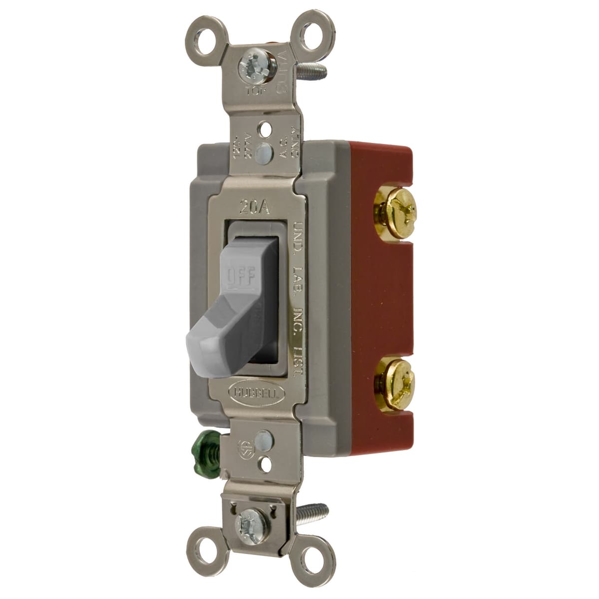 Hubbell HBL1221GY Switches and Lighting Controls, Extra Heavy Duty Industrial Grade, Toggle Switches, General Purpose AC, Single Pole, 20A 120/277V AC, Back and Side Wired, Gray Toggle ; Large brass binding head screws with deep slots ; Abuse resistant nylon toggle ; Stri Hubbell HBL1221GY Switches and Lighting Controls, Extra Heavy Duty Industrial Grade, Toggle Switches, General Purpose AC, Single Pole, 20A 120/277V AC, Back and Side Wired, Gray Toggle ; Large brass binding head screws with deep slots ; Abuse resistant nylon toggle ; Stri