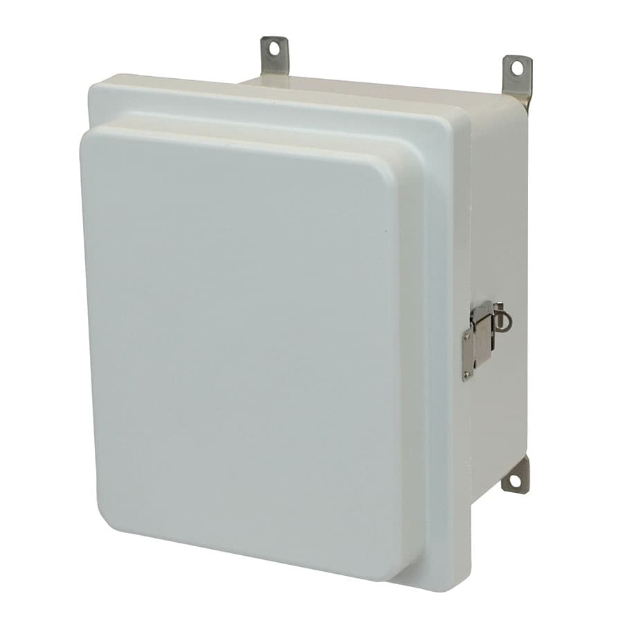 Allied Moulded Products AM1086RL 10"x8"x6" AM-R Series fiberglass wall mount enclosure assembly with raised hinged cover and stainless-steel snap latch Allied Moulded Products AM1086RL 10"x8"x6" AM-R Series fiberglass wall mount enclosure assembly with raised hinged cover and stainless-steel snap latch
