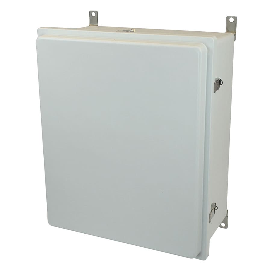 Allied Moulded Products AM24208RL 24"x20"x8" Control Series fiberglass wall mount enclosure assembly with raised hinged cover and stainless-steel snap latches Allied Moulded Products AM24208RL 24"x20"x8" Control Series fiberglass wall mount enclosure assembly with raised hinged cover and stainless-steel snap latches