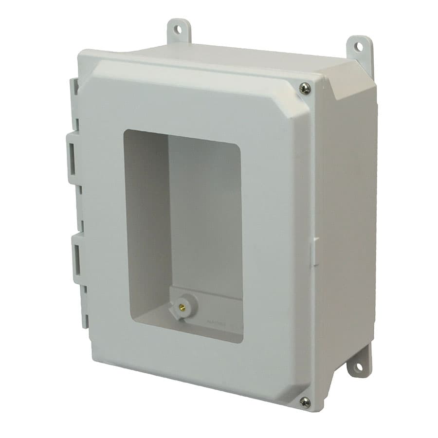 Allied Moulded Products AMU864HW 8"x6"x4" ULTRALINE® fiberglass wall mount enclosure assembly with 2-screw hinged window cover Allied Moulded Products AMU864HW 8"x6"x4" ULTRALINE® fiberglass wall mount enclosure assembly with 2-screw hinged window cover
