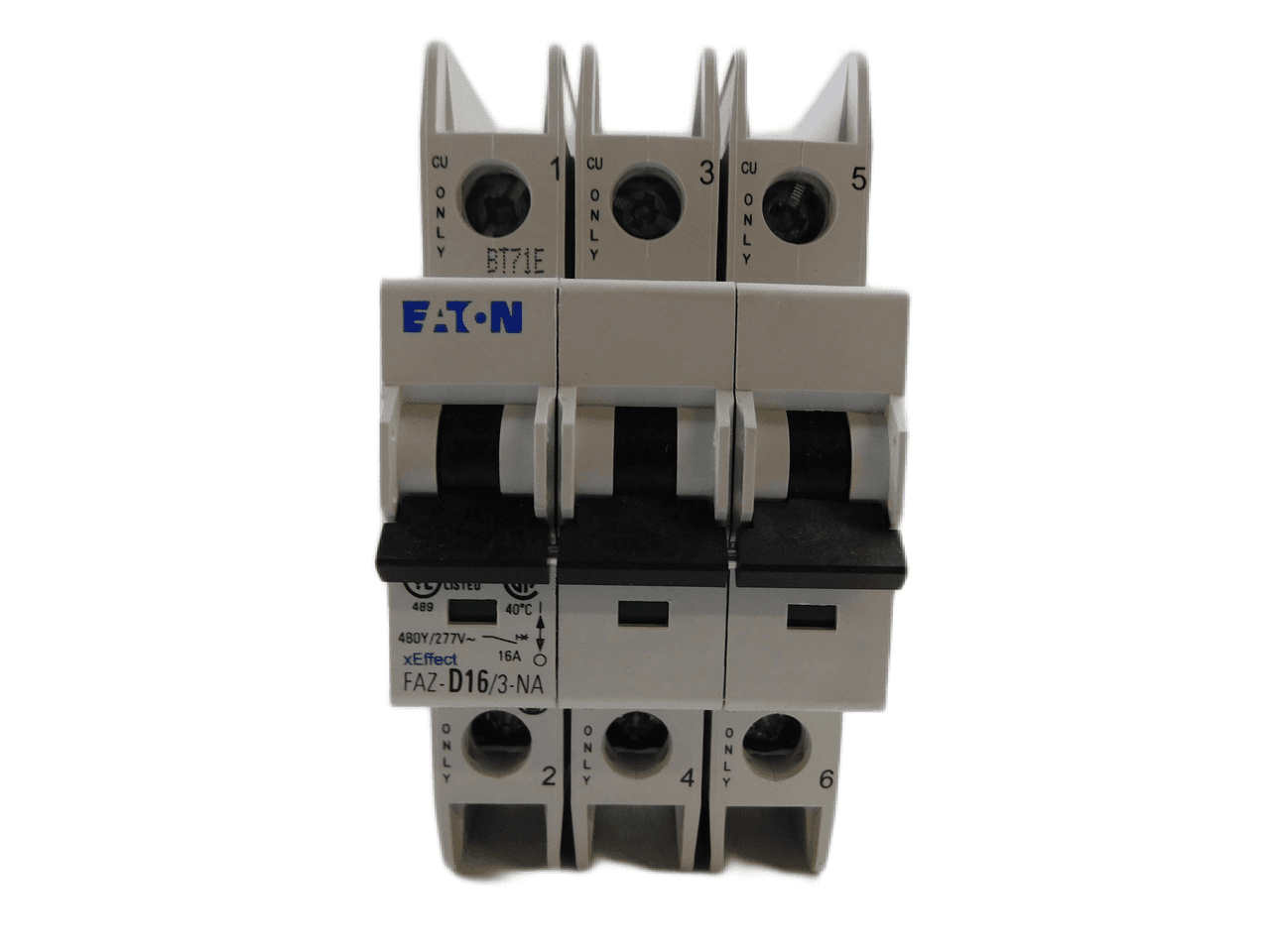 Eaton FAZ-D16/3-NA 277/480 VAC 50/60 Hz, 16 A, 3-Pole, 10/14 kA, 10 to 20 x Rated Current, Screw Terminal, DIN Rail Mount, Standard Packaging, D-Curve, Current Limiting, Thermal Magnetic Eaton FAZ-D16/3-NA 277/480 VAC 50/60 Hz, 16 A, 3-Pole, 10/14 kA, 10 to 20 x Rated Current, Screw Terminal, DIN Rail Mount, Standard Packaging, D-Curve, Current Limiting, Thermal Magnetic