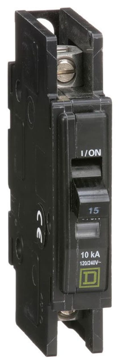 Schneider Electric QOU115 Square D by Schneider Electric QOU115 is a miniature circuit breaker (MCB) designed for unit mount installation. It features a rated current of 15A and accommodates slotted box lugs connections on both the load and line sides. This MCB is compatible with a cross-section of 14-2AWG for one aluminum or copper cable and is equipped with a single pole. It has a short circuit breaking rating of 10kA at 240Vac, 5kA at 277Vac, and 5kA at 48Vdc. The QOU115 operates with a rated voltage of 120V and 240V for AC circuits and 48Vdc for DC circuits. Its terminals are designed as box lugs. Schneider Electric QOU115 Square D by Schneider Electric QOU115 is a miniature circuit breaker (MCB) designed for unit mount installation. It features a rated current of 15A and accommodates slotted box lugs connections on both the load and line sides. This MCB is compatible with a cross-section of 14-2AWG for one aluminum or copper cable and is equipped with a single pole. It has a short circuit breaking rating of 10kA at 240Vac, 5kA at 277Vac, and 5kA at 48Vdc. The QOU115 operates with a rated voltage of 120V and 240V for AC circuits and 48Vdc for DC circuits. Its terminals are designed as box lugs.