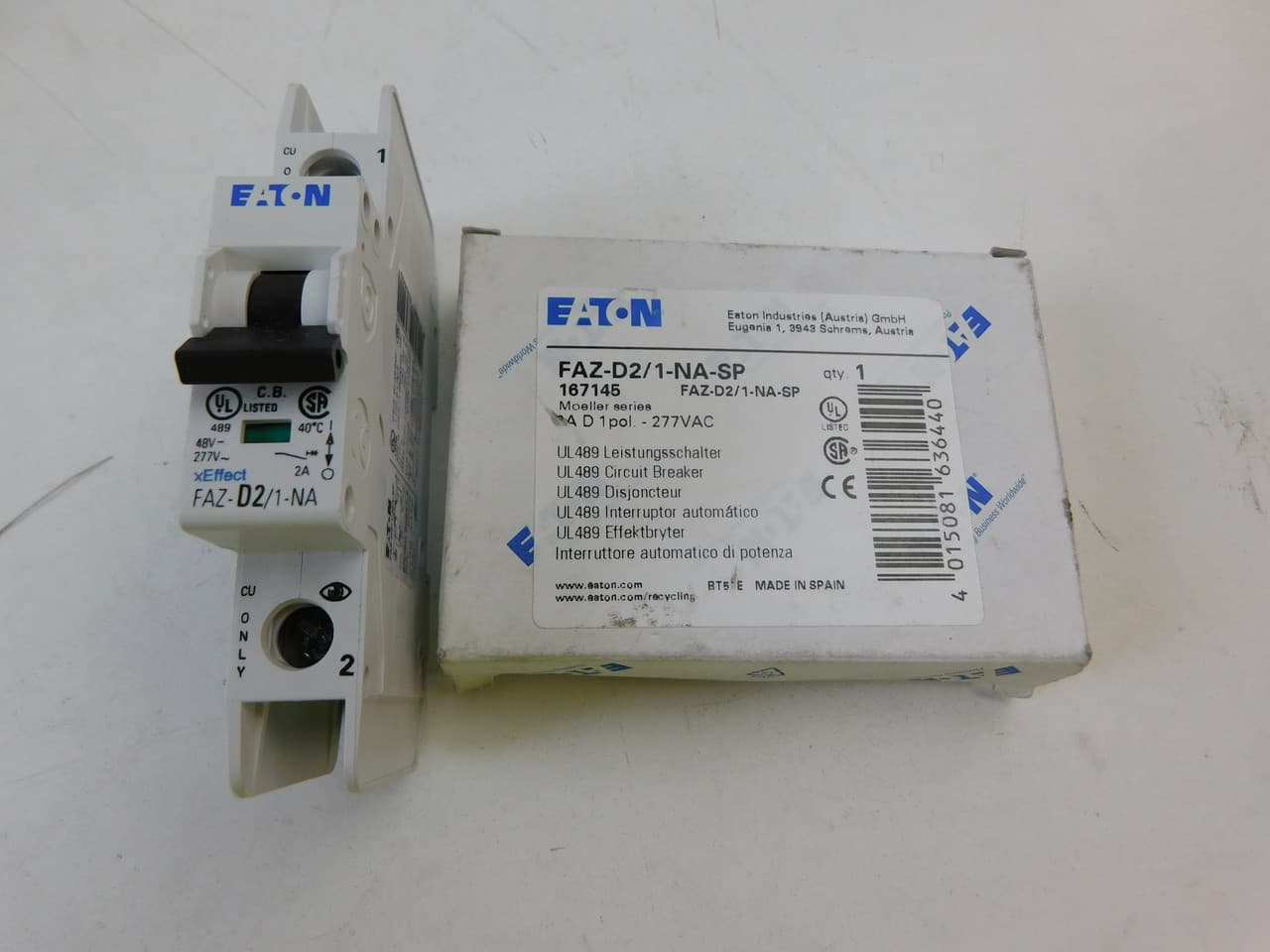 Eaton FAZ-D2/1-NA-SP Eaton FAZ branch protector,UL 489 Industrial miniature circuit breaker - supplementary protector,Single package,High levels of inrush current are expected,2 A,10 kAIC,Single-pole,277 V,10-20X /n,Q38,50-60 Hz,Screw terminals,D Curve Eaton FAZ-D2/1-NA-SP Eaton FAZ branch protector,UL 489 Industrial miniature circuit breaker - supplementary protector,Single package,High levels of inrush current are expected,2 A,10 kAIC,Single-pole,277 V,10-20X /n,Q38,50-60 Hz,Screw terminals,D Curve