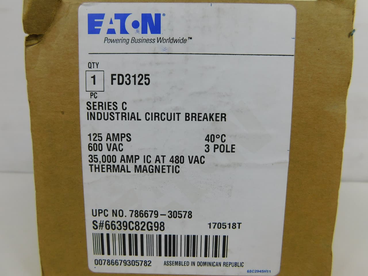 Eaton FD3125 FD3125 Eaton - Eaton Series C complete molded case circuit breaker, F-frame, FD, Complete breaker, Fixed thermal, Fixed magnetic trip type, Three-pole, 125 A, 600 Vac, 250 Vdc, 65 kAIC at 240 Vac, 35 kAIC at 480 Vac Eaton FD3125 FD3125 Eaton - Eaton Series C complete molded case circuit breaker, F-frame, FD, Complete breaker, Fixed thermal, Fixed magnetic trip type, Three-pole, 125 A, 600 Vac, 250 Vdc, 65 kAIC at 240 Vac, 35 kAIC at 480 Vac