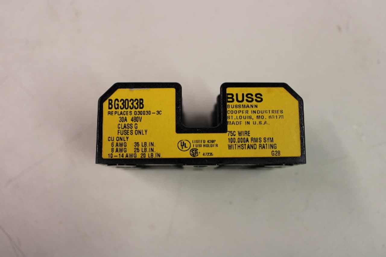 Cooper Bussmann BG3033B 480 V, 25 to 30 A, Thermoplastic, 3-Pole, Box Lug Terminal, DIN Rail Adapter Mount, Class G, Barrier Cooper Bussmann BG3033B 480 V, 25 to 30 A, Thermoplastic, 3-Pole, Box Lug Terminal, DIN Rail Adapter Mount, Class G, Barrier