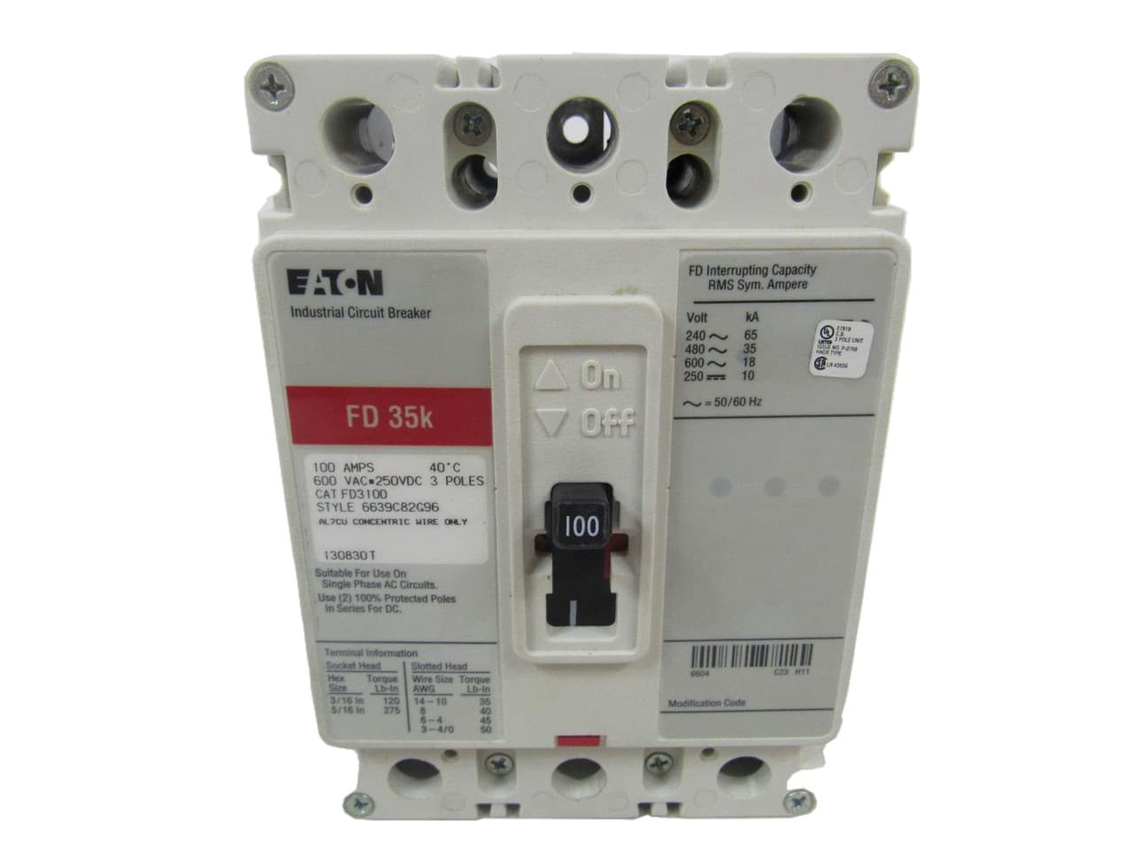 Eaton FD3100 FD3100 Eaton - Eaton Series C complete molded case circuit breaker, F-frame, FD, Complete breaker, Fixed thermal, Fixed magnetic trip type, Three-pole, 100 A, 600 Vac, 250 Vdc, Load side, 50/60 Hz Eaton FD3100 FD3100 Eaton - Eaton Series C complete molded case circuit breaker, F-frame, FD, Complete breaker, Fixed thermal, Fixed magnetic trip type, Three-pole, 100 A, 600 Vac, 250 Vdc, Load side, 50/60 Hz