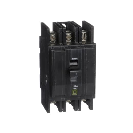 Schneider Electric QOU315 Square D by Schneider Electric QOU315 is a unit-mount Miniature Circuit Breaker (MCB) designed for securing electrical circuits. It features a 3-pole configuration and accommodates a rated current of 15A. This MCB is compatible with both AC and DC applications, supporting rated voltages of 120V and 240V for AC, and 48Vdc for DC. It is equipped with slotted box lugs connections on both the load and line sides, facilitating straightforward installation. The QOU315 is designed to handle wires ranging from 14-2AWG (1 cable Al/Cu), ensuring compatibility with a variety of wiring setups. Its short circuit breaking rating stands at 10kA for 240Vac and 5kA for 48Vdc, with box lugs serving as the type of terminals. Schneider Electric QOU315 Square D by Schneider Electric QOU315 is a unit-mount Miniature Circuit Breaker (MCB) designed for securing electrical circuits. It features a 3-pole configuration and accommodates a rated current of 15A. This MCB is compatible with both AC and DC applications, supporting rated voltages of 120V and 240V for AC, and 48Vdc for DC. It is equipped with slotted box lugs connections on both the load and line sides, facilitating straightforward installation. The QOU315 is designed to handle wires ranging from 14-2AWG (1 cable Al/Cu), ensuring compatibility with a variety of wiring setups. Its short circuit breaking rating stands at 10kA for 240Vac and 5kA for 48Vdc, with box lugs serving as the type of terminals.