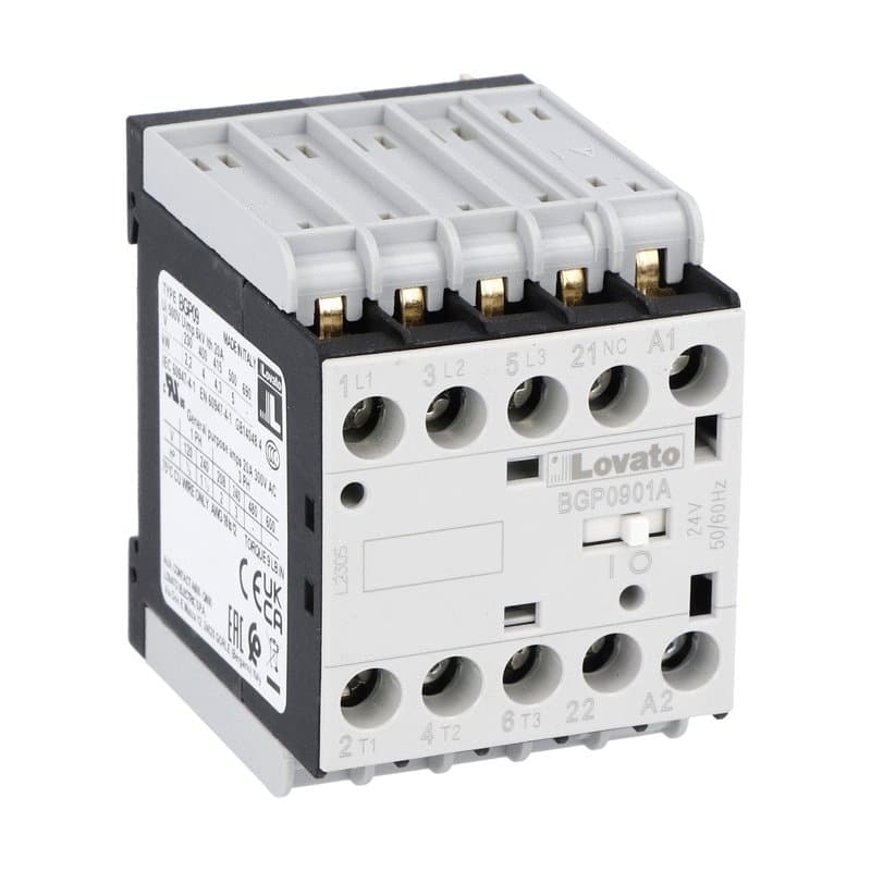 Lovato Electric 11BGP0901A22060 11BGP0901A22060 Lovato - Three-pole contactor, IEC operating current Ie (AC3) = 9A, AC coil 60Hz, 220VAC, 1NC auxiliary contact, rear PCB solder pin Lovato Electric 11BGP0901A22060 11BGP0901A22060 Lovato - Three-pole contactor, IEC operating current Ie (AC3) = 9A, AC coil 60Hz, 220VAC, 1NC auxiliary contact, rear PCB solder pin