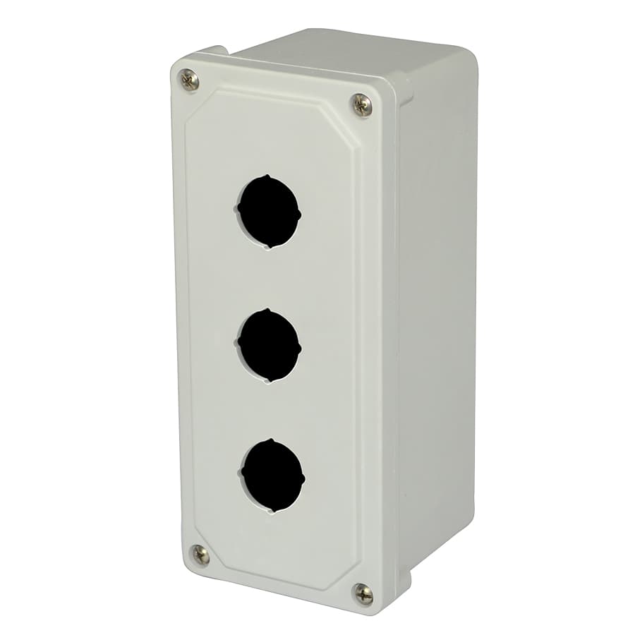 Allied Moulded Products AM3PB 9"x4"x3" AM Series fiberglass small junction box with 4-screw lift-off cover and 3 pushbutton holes Allied Moulded Products AM3PB 9"x4"x3" AM Series fiberglass small junction box with 4-screw lift-off cover and 3 pushbutton holes
