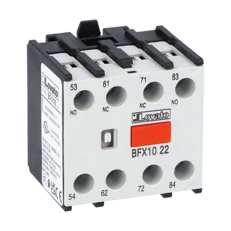 Lovato Electric BFX1022 BFX1022 Lovato - Auxiliary contact with front centre mounting. Screw terminals, for BF00, BF09...BF150 series contactors, 2NO+2NC Lovato Electric BFX1022 BFX1022 Lovato - Auxiliary contact with front centre mounting. Screw terminals, for BF00, BF09...BF150 series contactors, 2NO+2NC