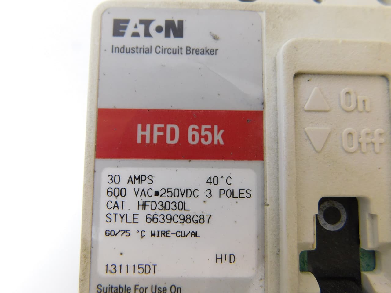 Eaton HFD3030L HFD3030L Eaton - Eaton Series C complete molded case circuit breaker, F-frame, HFD, Complete breaker, Fixed thermal, fixed magnetic trip type, Three-pole, 30A, 600 Vac, 250 Vdc, 100 kAIC at 240 Vac, 65 kAIC at 480 Vac, Line and load, 50/60 Hz Eaton HFD3030L HFD3030L Eaton - Eaton Series C complete molded case circuit breaker, F-frame, HFD, Complete breaker, Fixed thermal, fixed magnetic trip type, Three-pole, 30A, 600 Vac, 250 Vdc, 100 kAIC at 240 Vac, 65 kAIC at 480 Vac, Line and load, 50/60 Hz