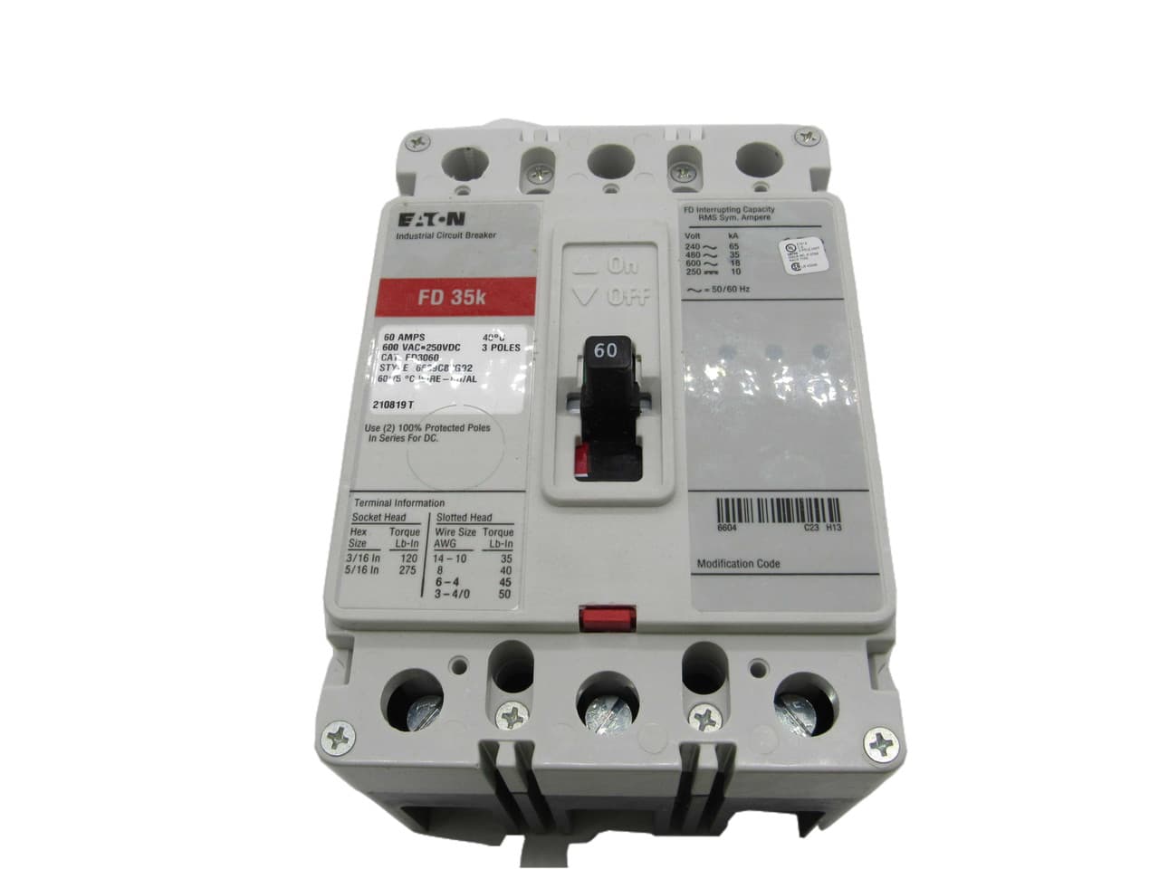 Eaton FD3060 FD3060 Eaton - Eaton Series C complete molded case circuit breaker, F-frame, FD, Complete breaker, Fixed thermal, Fixed magnetic trip type, Three-pole, 60 A, 600 Vac, 250 Vdc, Load side, 50/60 Hz Eaton FD3060 FD3060 Eaton - Eaton Series C complete molded case circuit breaker, F-frame, FD, Complete breaker, Fixed thermal, Fixed magnetic trip type, Three-pole, 60 A, 600 Vac, 250 Vdc, Load side, 50/60 Hz