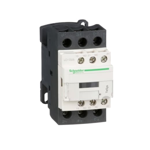 Schneider Electric LC1D25B7 Schneider Electric LC1D25B7 is a magnetic contactor from the Deca sub-range, featuring screw connections and designed with 3 poles (3P; 3NO). It has a rated current of 40A for AC-1 and 25A for 440Vac in AC-3 conditions. This contactor is suitable for DIN rail mounting and has a net width of 45 mm. It offers a degree of protection of IP20 and operates within control voltage ranges of 19.2-26.4Vac (24Vac nominal; 50Hz; 0.8...1.1 x Uc) and 20.4-26.4Vac (24Vac nominal; 60Hz; 0.85...1.1 x Uc). The rated operating voltage (Ue) is up to 690 V, and it includes 1 Normally Open (NO) auxiliary contact. The rated impulse voltage (Uimp) is 6 kV, and it can handle rated active power ranging from 5.5kW at 220-230Vac to 15kW at 660-690Vac in AC-3 conditions. It also features 1 Normally Closed (NC) auxiliary contact with contacts type of 1NO+1NC instantaneous aux. The rated power in horsepower (HP) varies from 2HP at 115Vac to 20HP at 575-600Vac, covering both single-phase and 3-phase configurations. Its mechanical durability is rated at 15 million operations at no load, and its electrical durability is rated at 1.6 million operations with load. The rated voltage for phase-to-phase is 690 V. Schneider Electric LC1D25B7 Schneider Electric LC1D25B7 is a magnetic contactor from the Deca sub-range, featuring screw connections and designed with 3 poles (3P; 3NO). It has a rated current of 40A for AC-1 and 25A for 440Vac in AC-3 conditions. This contactor is suitable for DIN rail mounting and has a net width of 45 mm. It offers a degree of protection of IP20 and operates within control voltage ranges of 19.2-26.4Vac (24Vac nominal; 50Hz; 0.8...1.1 x Uc) and 20.4-26.4Vac (24Vac nominal; 60Hz; 0.85...1.1 x Uc). The rated operating voltage (Ue) is up to 690 V, and it includes 1 Normally Open (NO) auxiliary contact. The rated impulse voltage (Uimp) is 6 kV, and it can handle rated active power ranging from 5.5kW at 220-230Vac to 15kW at 660-690Vac in AC-3 conditions. It also features 1 Normally Closed (NC) auxiliary contact with contacts type of 1NO+1NC instantaneous aux. The rated power in horsepower (HP) varies from 2HP at 115Vac to 20HP at 575-600Vac, covering both single-phase and 3-phase configurations. Its mechanical durability is rated at 15 million operations at no load, and its electrical durability is rated at 1.6 million operations with load. The rated voltage for phase-to-phase is 690 V.