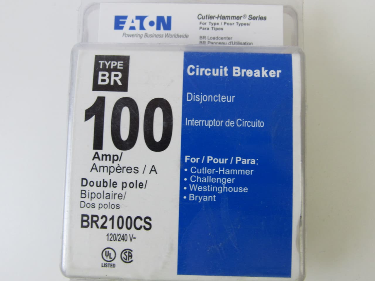 Eaton BR2100CS BR2100CS Eaton - Eaton BR thermal magnetic circuit breaker,Type BR 1-Inch plug-on circuit breaker clamshell pack,Clamshell pack,100 A,42 kAIC,Two-pole,120/240V,BR,Common breaker trip,#4-1/0 AWG Cu/Al,Q30,BR,Type BR Loadcenters Eaton BR2100CS BR2100CS Eaton - Eaton BR thermal magnetic circuit breaker,Type BR 1-Inch plug-on circuit breaker clamshell pack,Clamshell pack,100 A,42 kAIC,Two-pole,120/240V,BR,Common breaker trip,#4-1/0 AWG Cu/Al,Q30,BR,Type BR Loadcenters