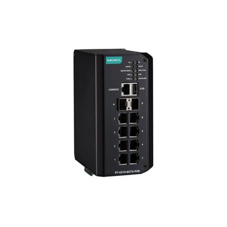 Moxa PT-G510-8GTX-PHR-HV IEC 61850-3 and IEC 62439-3 full Gigabit managed Ethernet switch with 8 100/1000BaseT(X) ports, 2 100/1000Base SFP ports, isolated dual power supply (88 to 300 VDC or 85 to 264 VAC), -40 to 75°C operating temperature Moxa PT-G510-8GTX-PHR-HV IEC 61850-3 and IEC 62439-3 full Gigabit managed Ethernet switch with 8 100/1000BaseT(X) ports, 2 100/1000Base SFP ports, isolated dual power supply (88 to 300 VDC or 85 to 264 VAC), -40 to 75°C operating temperature