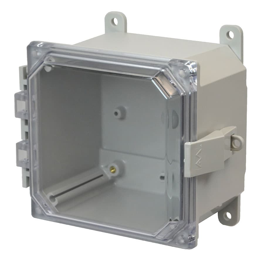 Allied Moulded Products AMP664CCNL 6"x6"x4" POLYLINE® polycarbonate wall mount enclosure assembly with hinged clear cover and nonmetal snap latch Allied Moulded Products AMP664CCNL 6"x6"x4" POLYLINE® polycarbonate wall mount enclosure assembly with hinged clear cover and nonmetal snap latch