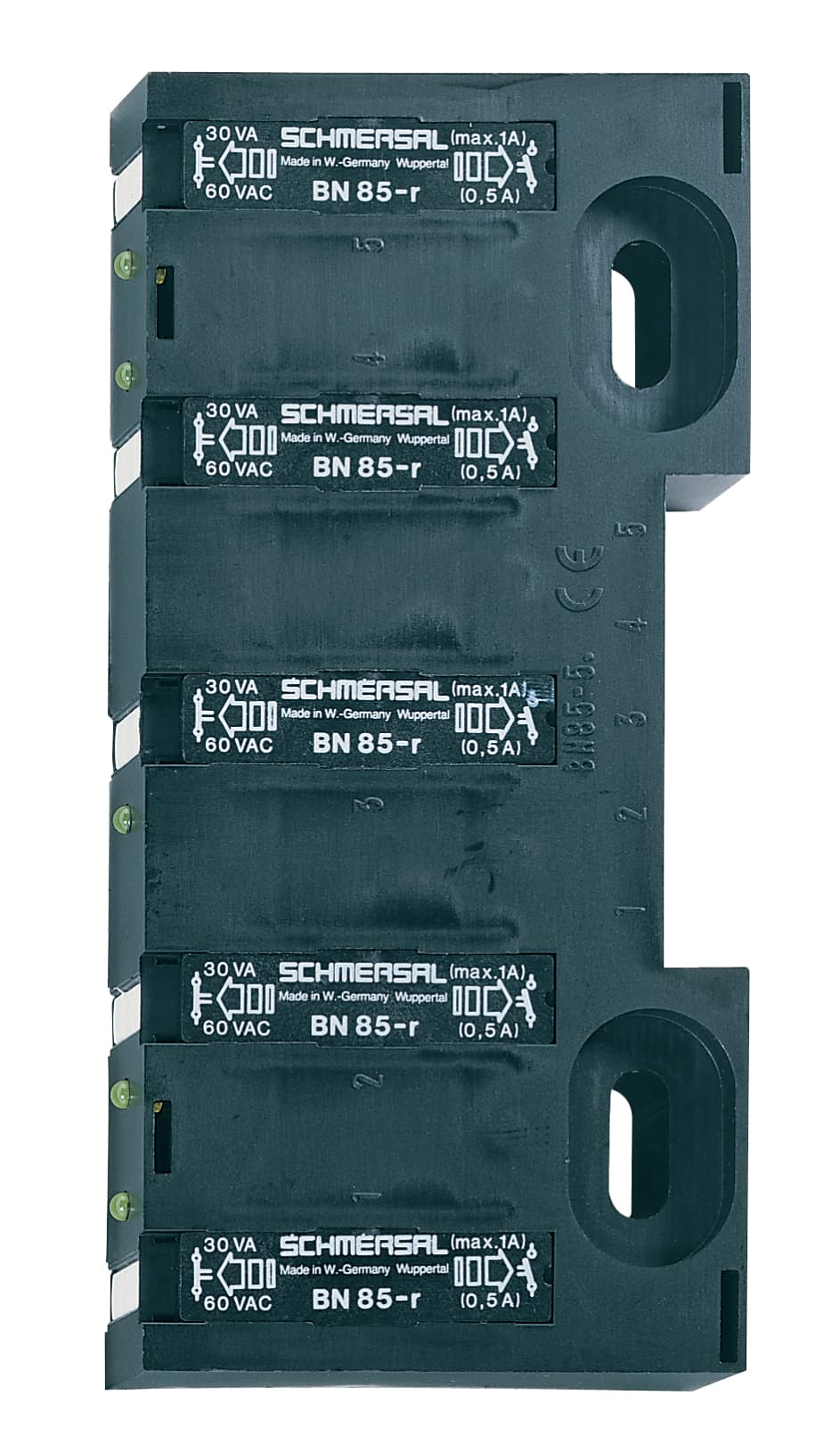 Schmersal BN 85-5-2031 Magnetic reed switch; Enclosure with mounting slots; Actuation from front; Non-contact principle; 5 reed contacts; Long life; LED switching conditions display; connector; Thermoplastic enclosure; Reed-contact to clip-in, on-location assembly Schmersal BN 85-5-2031 Magnetic reed switch; Enclosure with mounting slots; Actuation from front; Non-contact principle; 5 reed contacts; Long life; LED switching conditions display; connector; Thermoplastic enclosure; Reed-contact to clip-in, on-location assembly