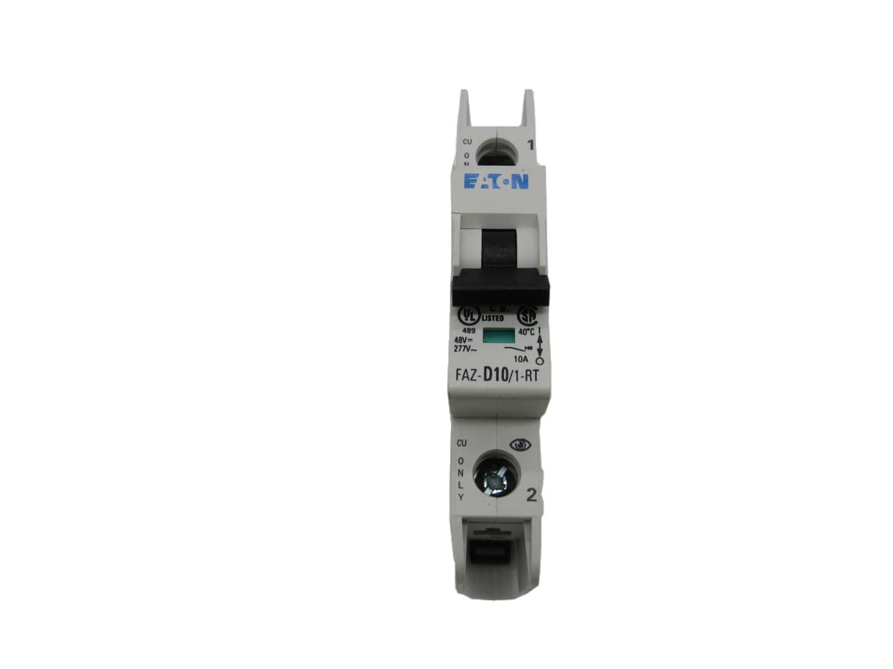 Eaton FAZ-D10/1-RT-SP 277/480 VAC 50/60 Hz, 10 A, 1-Pole, 10/14 kA, 10 to 20 x Rated Current, Ring Tongue Terminal, DIN Rail Mount, Single Packaging, D-Curve, Current Limiting, Thermal Magnetic Eaton FAZ-D10/1-RT-SP 277/480 VAC 50/60 Hz, 10 A, 1-Pole, 10/14 kA, 10 to 20 x Rated Current, Ring Tongue Terminal, DIN Rail Mount, Single Packaging, D-Curve, Current Limiting, Thermal Magnetic
