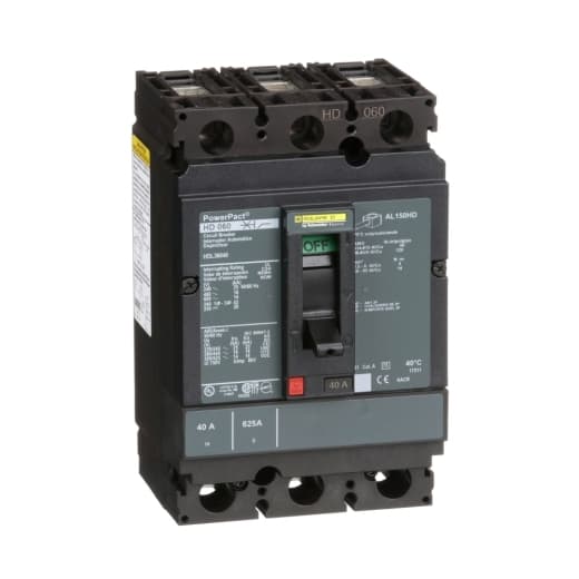 Schneider Electric HDL36040 Square D by Schneider Electric HDL36040 is a Moulded Case Circuit Breaker (MCCB) within the PowerPacT HDL sub-range, designed with a PowerPact H-Frame 150 TMD 3P 40A 600Vac/250Vdc 14kA. It features lugs on both load and line sides for connections and operates with three poles (3P). This MCCB offers thermal protection for overload scenarios and magnetic protection for short-circuit conditions. It has a rated current of 40A, with a rated insulation voltage (Ui) of 750 V and a rated voltage (AC) of 600Vac 600Y/347Vac. The unit is designed for individual mounting on a plate, with dimensions of 163 mm in height, 104 mm in width, and 86 mm in depth. It provides an IP40 degree of protection and operates via a toggle (manual) mechanism. Protection settings include over-current fixed at 40A, short-circuit hold current fixed at 400A, and short-circuit trip current fixed at 850A. The rated operating voltage (Ue) is 690 V, with a rated impulse voltage (Uimp) of 8 kV. The trip current rating is 40 AT, with a frame current rating of 150 AF. Its short-circuit breaking rating varies with voltage, including 25kA at 240Vac, 18kA at 480Vac and 480Y/277Vac, 14kA at 600Vac and 600Y/347Vac, and 20kA at 250Vdc, all according to UL489 standards. The trip unit type is thermal-magnetic (fixed) without a display, and it falls under utilisation category A. Schneider Electric HDL36040 Square D by Schneider Electric HDL36040 is a Moulded Case Circuit Breaker (MCCB) within the PowerPacT HDL sub-range, designed with a PowerPact H-Frame 150 TMD 3P 40A 600Vac/250Vdc 14kA. It features lugs on both load and line sides for connections and operates with three poles (3P). This MCCB offers thermal protection for overload scenarios and magnetic protection for short-circuit conditions. It has a rated current of 40A, with a rated insulation voltage (Ui) of 750 V and a rated voltage (AC) of 600Vac 600Y/347Vac. The unit is designed for individual mounting on a plate, with dimensions of 163 mm in height, 104 mm in width, and 86 mm in depth. It provides an IP40 degree of protection and operates via a toggle (manual) mechanism. Protection settings include over-current fixed at 40A, short-circuit hold current fixed at 400A, and short-circuit trip current fixed at 850A. The rated operating voltage (Ue) is 690 V, with a rated impulse voltage (Uimp) of 8 kV. The trip current rating is 40 AT, with a frame current rating of 150 AF. Its short-circuit breaking rating varies with voltage, including 25kA at 240Vac, 18kA at 480Vac and 480Y/277Vac, 14kA at 600Vac and 600Y/347Vac, and 20kA at 250Vdc, all according to UL489 standards. The trip unit type is thermal-magnetic (fixed) without a display, and it falls under utilisation category A.