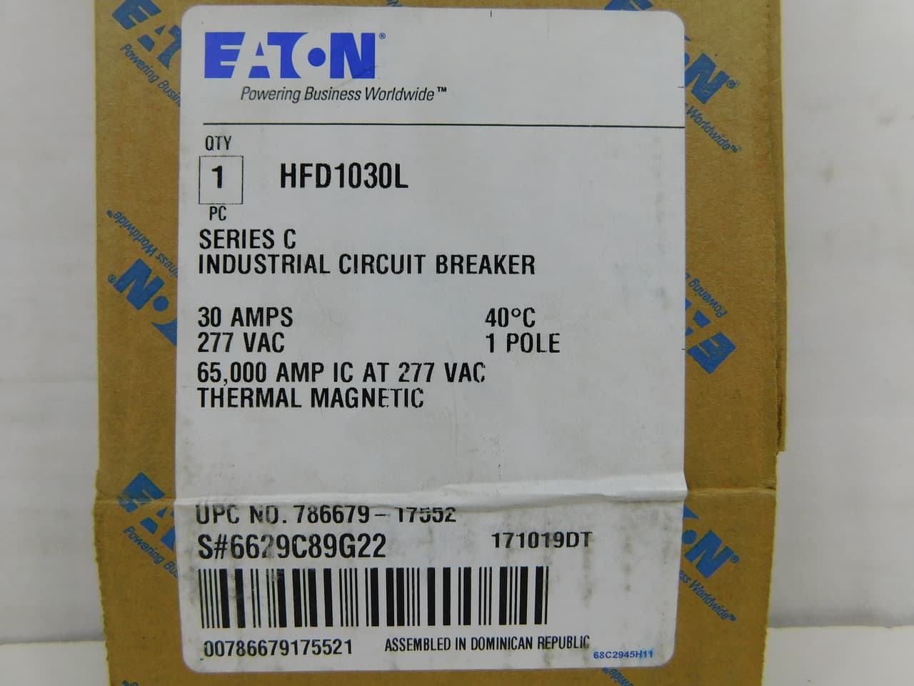 Eaton HFD1030L HFD1030L Eaton - Eaton Series C complete molded case circuit breaker, F-frame, HFD, Complete breaker, Fixed thermal, fixed magnetic trip type, Single-pole, 30A, 347 Vac, 125 Vdc, 100 kAIC at 240 Vac, 65 kAIC at 480 Vac, Line and load, 50/60 Hz Eaton HFD1030L HFD1030L Eaton - Eaton Series C complete molded case circuit breaker, F-frame, HFD, Complete breaker, Fixed thermal, fixed magnetic trip type, Single-pole, 30A, 347 Vac, 125 Vdc, 100 kAIC at 240 Vac, 65 kAIC at 480 Vac, Line and load, 50/60 Hz
