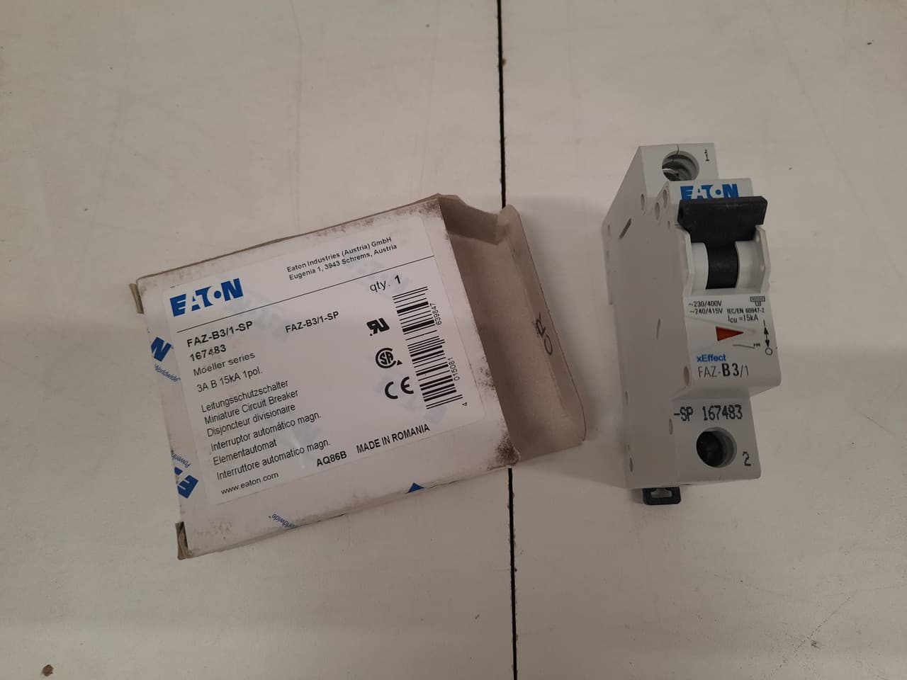 Eaton FAZ-B3/1-SP Eaton FAZ supplementary protector,UL 1077 Industrial miniature circuit breaker-supplementary protector,Single package,Low levels of inrush current are expected,3 A,15 kAIC,Single-pole,240/415 V,3-5X/n,Q38,50-60 Hz,Standard terminals,B Curve Eaton FAZ-B3/1-SP Eaton FAZ supplementary protector,UL 1077 Industrial miniature circuit breaker-supplementary protector,Single package,Low levels of inrush current are expected,3 A,15 kAIC,Single-pole,240/415 V,3-5X/n,Q38,50-60 Hz,Standard terminals,B Curve
