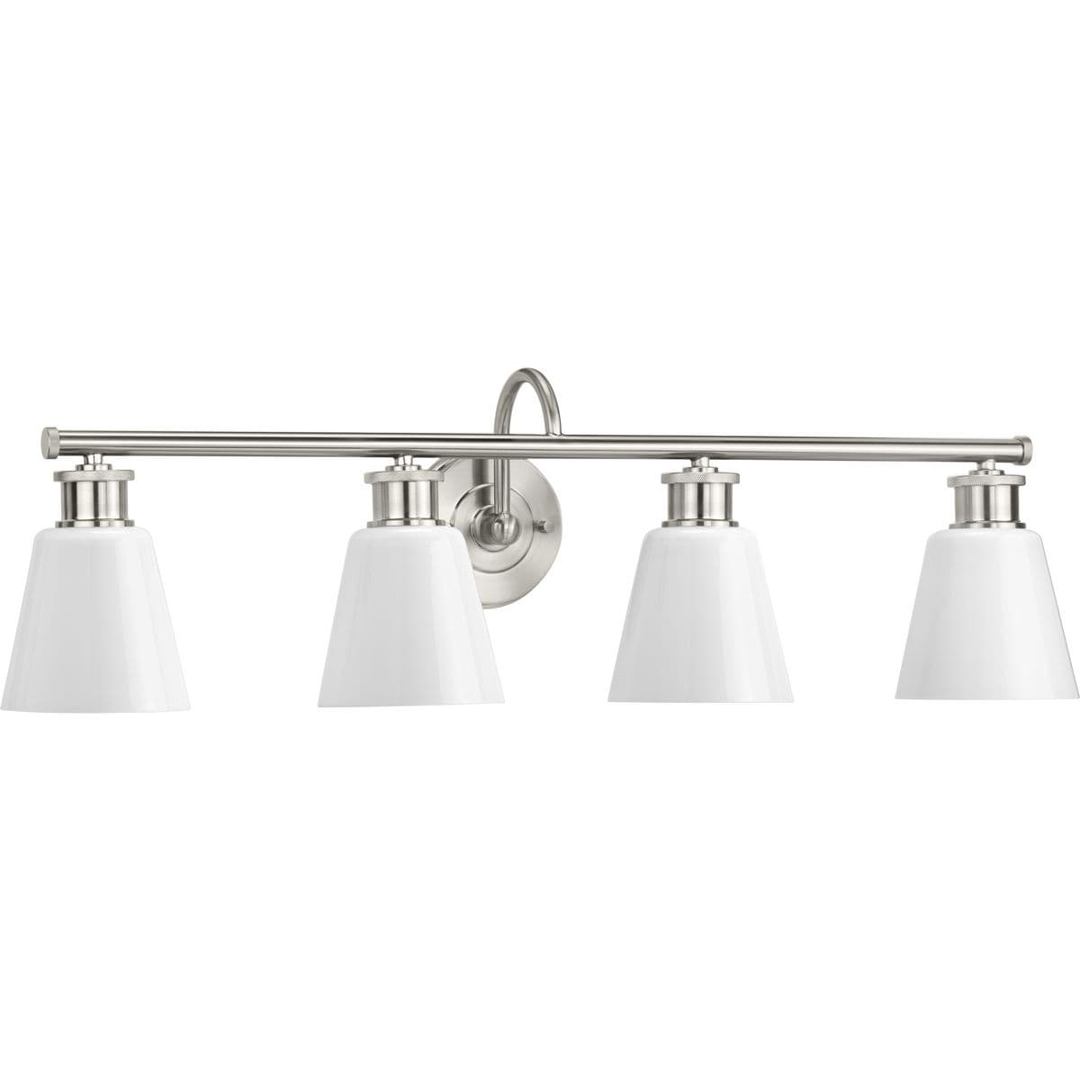 Hubbell P300317-009 Provide nostalgic charm with the Ashford Collection 4-Light Brushed Nickel Opal Glass Farmhouse Bath Vanity Light. The circular backplate, elegantly curved arms, and vintage light bases are coated in a beautiful brushed nickel finish for a crisp aesthetic Hubbell P300317-009 Provide nostalgic charm with the Ashford Collection 4-Light Brushed Nickel Opal Glass Farmhouse Bath Vanity Light. The circular backplate, elegantly curved arms, and vintage light bases are coated in a beautiful brushed nickel finish for a crisp aesthetic