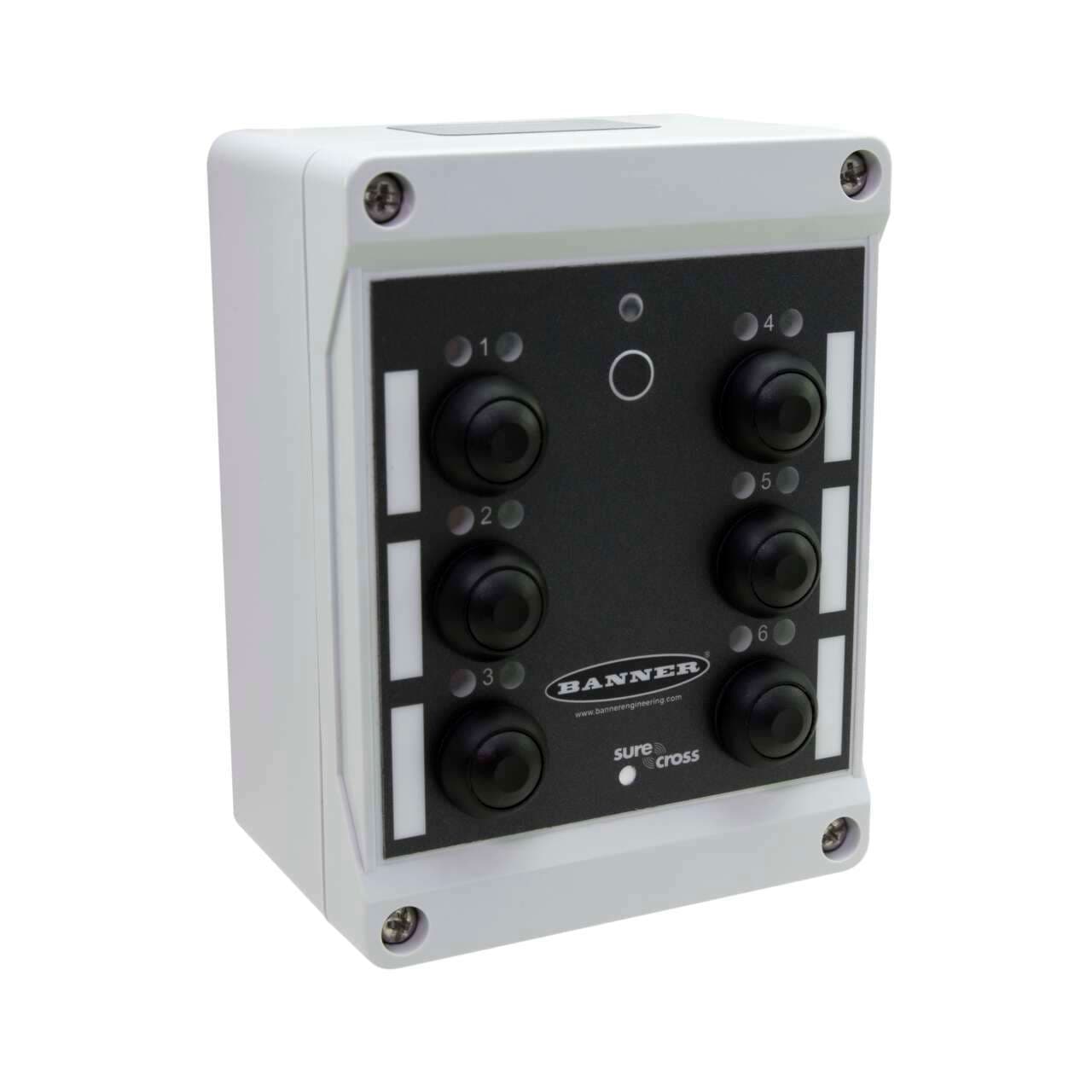 Banner DX80N9Q120BL-RG Wireless Q120 Pendant Node 900 MHz 1 W; Integrated Battery and 10-30 V dc power terminals; Six Independently Controlled Push Button Inputs; Six sets of Green and Red LED Indicator Lights Banner DX80N9Q120BL-RG Wireless Q120 Pendant Node 900 MHz 1 W; Integrated Battery and 10-30 V dc power terminals; Six Independently Controlled Push Button Inputs; Six sets of Green and Red LED Indicator Lights