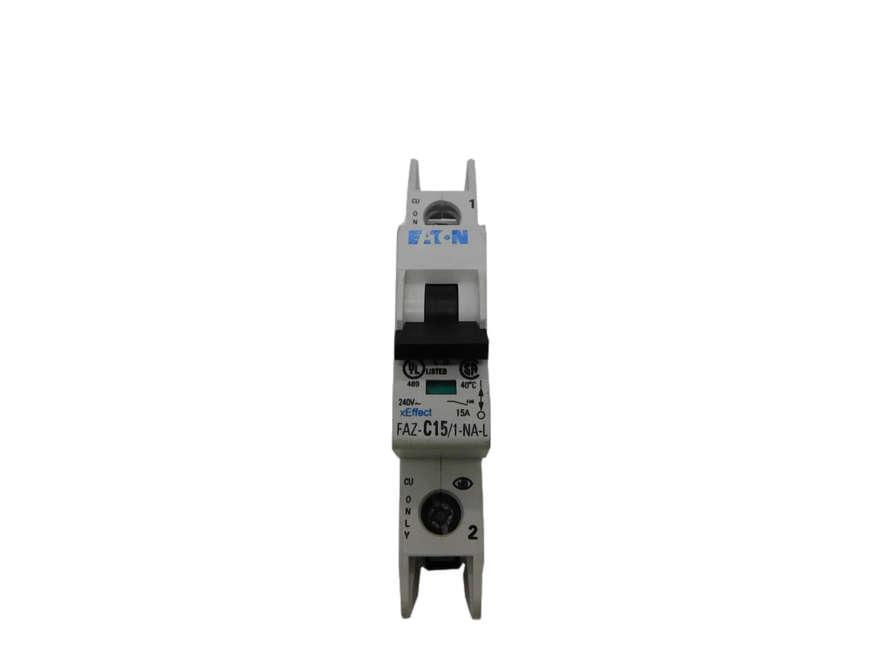 Eaton FAZ-C15/1-NA-L Miniature circuir breaker, 1 pole, 15 A, C trip curve, 240 VAC, screw terminals, UL489 Eaton FAZ-C15/1-NA-L Miniature circuir breaker, 1 pole, 15 A, C trip curve, 240 VAC, screw terminals, UL489