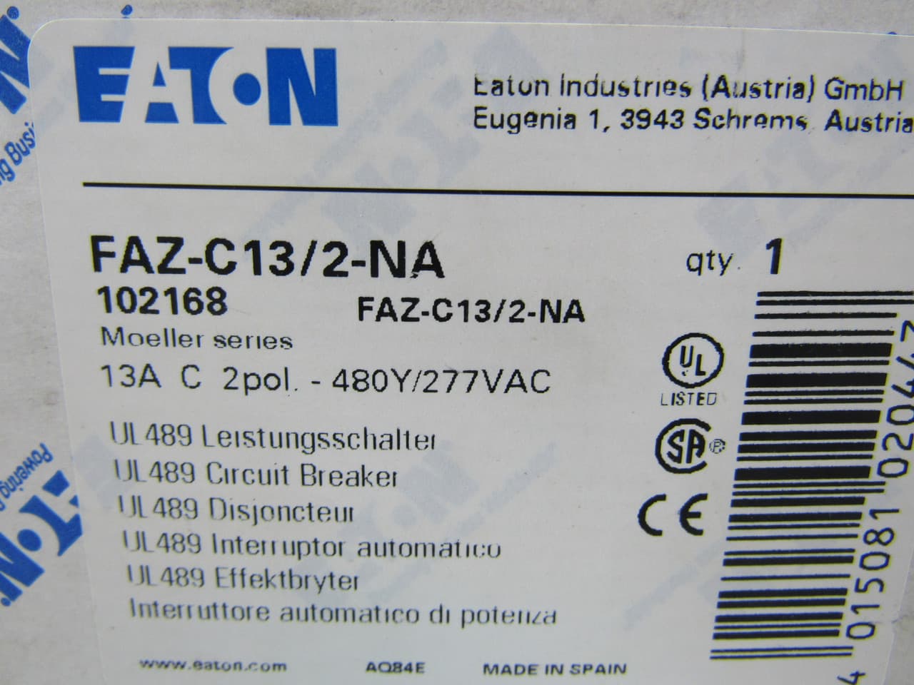 Eaton FAZ-C13/2-NA FAZ-C13/2-NA Eaton - UL 489 Industrial Miniature Circuit Breakers - Supplementary Protector Eaton FAZ-C13/2-NA FAZ-C13/2-NA Eaton - UL 489 Industrial Miniature Circuit Breakers - Supplementary Protector