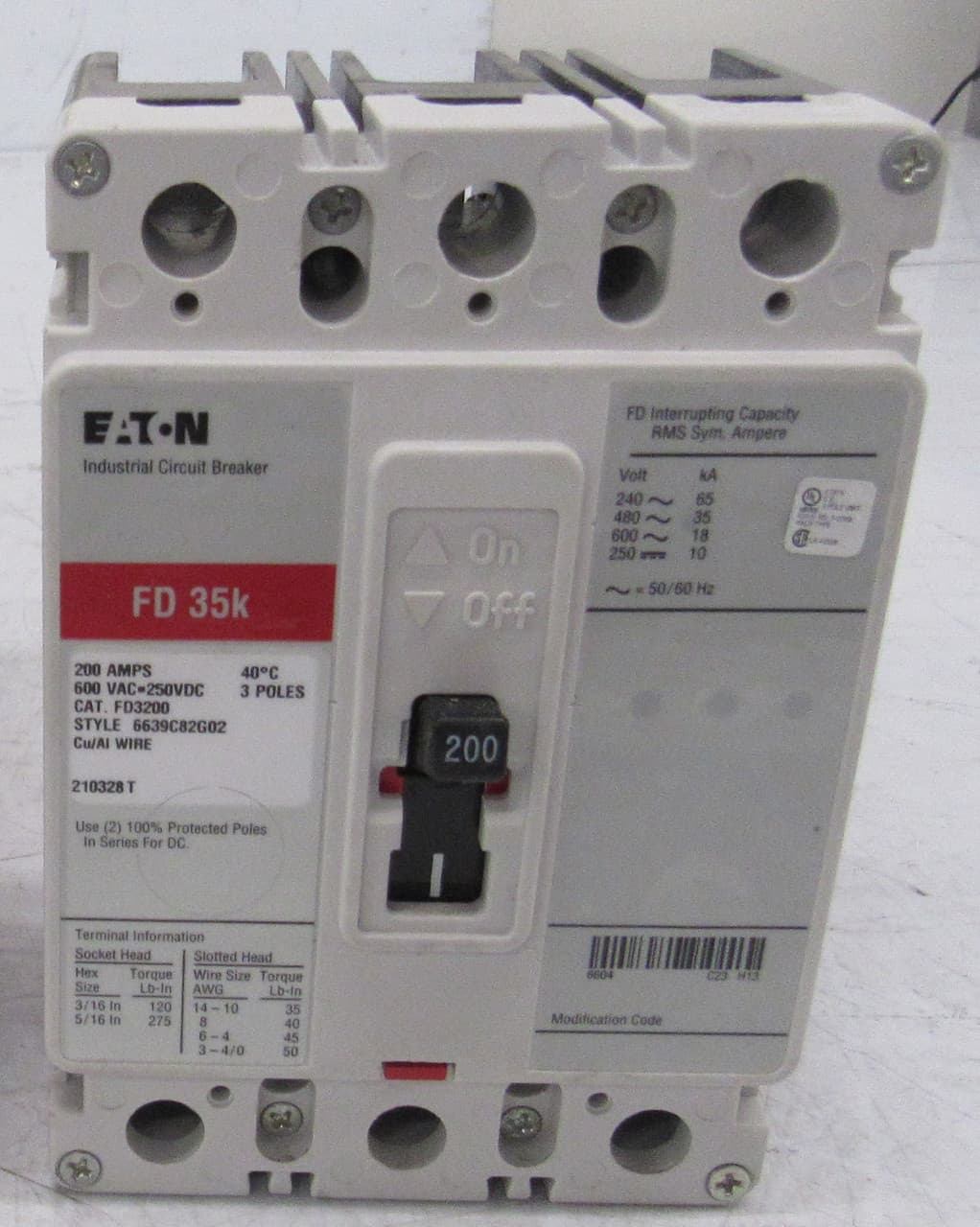 Eaton FD3200 FD3200 Eaton - Eaton Series C complete molded case circuit breaker, F-frame, FD, Complete breaker, Fixed thermal, Fixed magnetic trip type, Three-pole, 200 A, 600 Vac, 250 Vdc, 65 kAIC at 240 Vac, 35 kAIC at 480 Vac Eaton FD3200 FD3200 Eaton - Eaton Series C complete molded case circuit breaker, F-frame, FD, Complete breaker, Fixed thermal, Fixed magnetic trip type, Three-pole, 200 A, 600 Vac, 250 Vdc, 65 kAIC at 240 Vac, 35 kAIC at 480 Vac