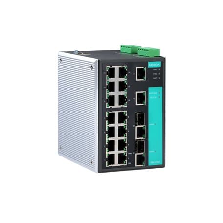 Moxa EDS-518A Managed Gigabit Ethernet switch with 16 10/100BaseT(X) ports, 2 combo 10/100/1000BaseT(X) or 1000BaseSFP slots for adding SFP-1G Series Gigabit Ethernet modules, 0 to 60°C operating temperature Moxa EDS-518A Managed Gigabit Ethernet switch with 16 10/100BaseT(X) ports, 2 combo 10/100/1000BaseT(X) or 1000BaseSFP slots for adding SFP-1G Series Gigabit Ethernet modules, 0 to 60°C operating temperature