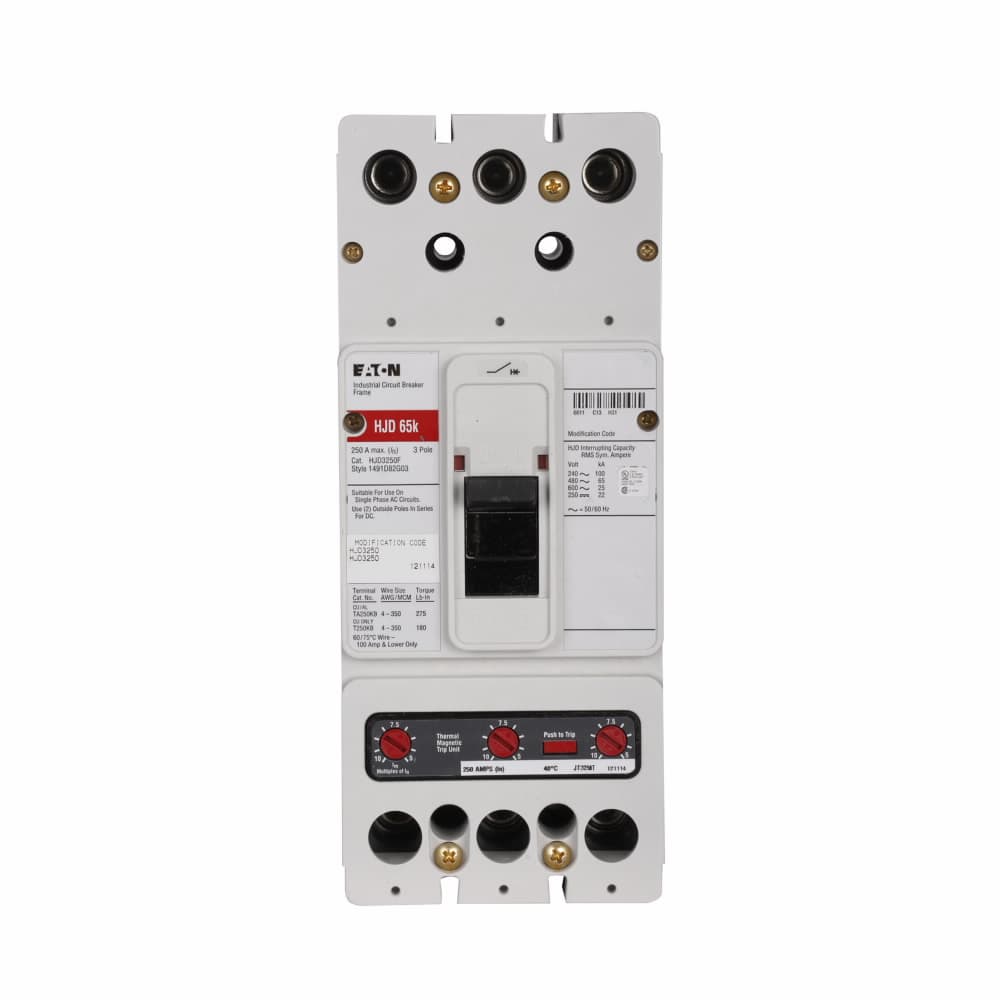 Eaton HJD3100W Eaton Series C complete molded case circuit breaker, J-frame, HJD, Complete breaker, Fixed thermal, fixed magnetic trip, Three-pole, 100A, 600 Vac, 250 Vdc, 100 kAIC at 240 Vac, 65 kAIC at 480 Vac, Without terminals, 50/60 Hz Eaton HJD3100W Eaton Series C complete molded case circuit breaker, J-frame, HJD, Complete breaker, Fixed thermal, fixed magnetic trip, Three-pole, 100A, 600 Vac, 250 Vdc, 100 kAIC at 240 Vac, 65 kAIC at 480 Vac, Without terminals, 50/60 Hz