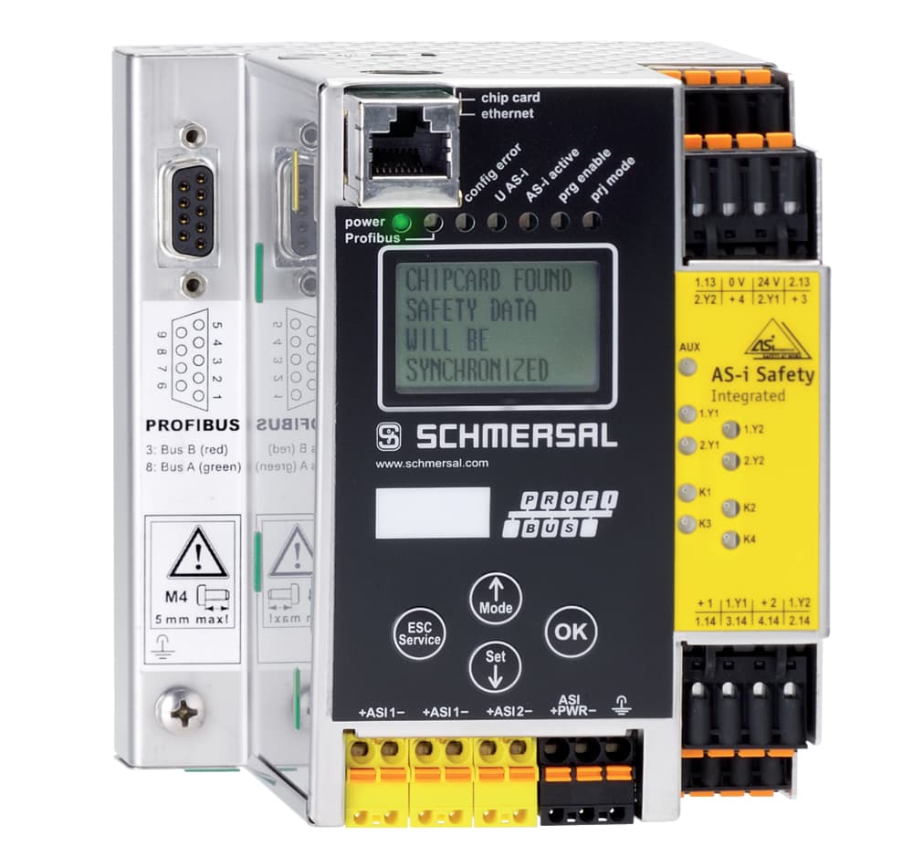Schmersal ASMM-1M-PB-R2R2 AS interface safety at work (archive); System components; 1 AS interface master integrated; Field bus gateway: PROFIBUS DP; Integrated safety monitor for 2 AS-i circuits, 256 Devices; integrated AS-i power supply unit decoupling 4 A ; for operation with s Schmersal ASMM-1M-PB-R2R2 AS interface safety at work (archive); System components; 1 AS interface master integrated; Field bus gateway: PROFIBUS DP; Integrated safety monitor for 2 AS-i circuits, 256 Devices; integrated AS-i power supply unit decoupling 4 A ; for operation with s