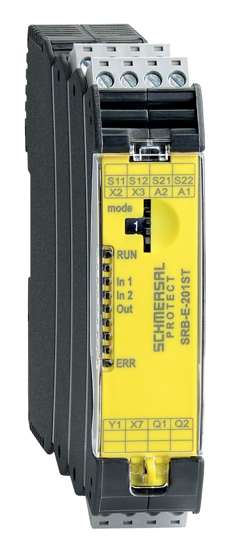 Schmersal SRB-E-201ST-CC Safety-monitoring modules; Two-hand operator inputs; Plug-in spring-cage terminal blocks with coding; STOP 0 Function; 1 oder 2-channel control; Start button / Auto-start; Monitoring two-hand control panels to EN 574 IIIC; 2 Safety outputs 5.5 A; 1 Signal Schmersal SRB-E-201ST-CC Safety-monitoring modules; Two-hand operator inputs; Plug-in spring-cage terminal blocks with coding; STOP 0 Function; 1 oder 2-channel control; Start button / Auto-start; Monitoring two-hand control panels to EN 574 IIIC; 2 Safety outputs 5.5 A; 1 Signal