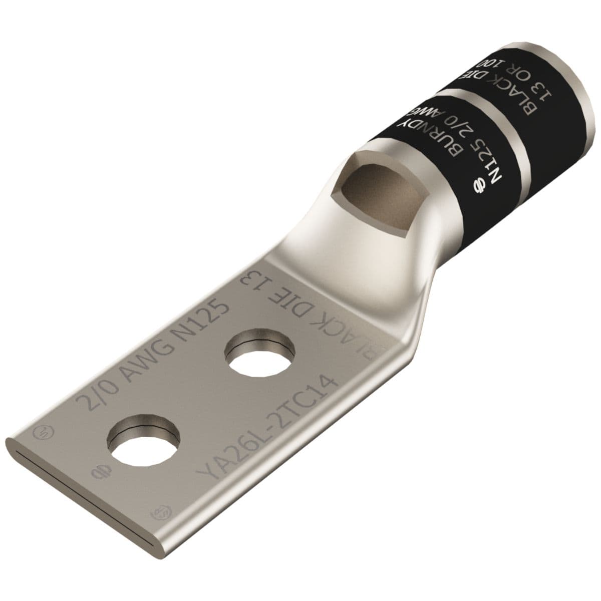 Hubbell YA26L2TC14E1 2/0 AWG CU, Two Hole, 1/4 Stud Size, 1 Hole Spacing, Standard Barrel, Inspection Window, Internal Chamfer, Tin Plated, UL/CSA, 90°C, Up to 35kV, Black Color Code, 13 Die Index. Hubbell YA26L2TC14E1 2/0 AWG CU, Two Hole, 1/4 Stud Size, 1 Hole Spacing, Standard Barrel, Inspection Window, Internal Chamfer, Tin Plated, UL/CSA, 90°C, Up to 35kV, Black Color Code, 13 Die Index.