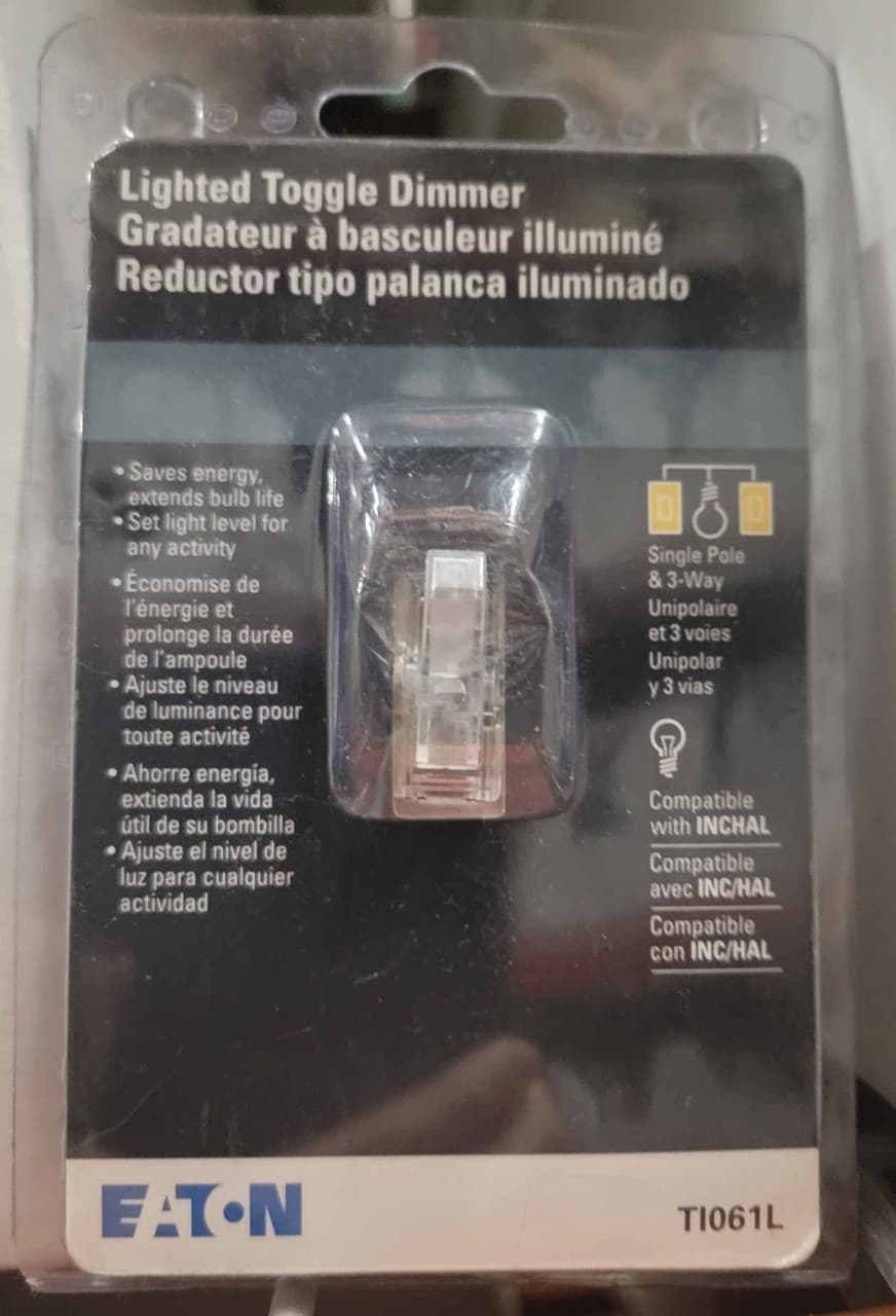 Eaton TI061L TI061L Eaton - Eaton toggle dimmer, Power Failure Mode, Lighted, Non-preset, Flush, 120V, Wire leads, Maintained, Clear, Indoor, 60 Hz, Incandescent, halogen, 1-pole, 3-way, 1-phase, Polycarbonate, 600W Eaton TI061L TI061L Eaton - Eaton toggle dimmer, Power Failure Mode, Lighted, Non-preset, Flush, 120V, Wire leads, Maintained, Clear, Indoor, 60 Hz, Incandescent, halogen, 1-pole, 3-way, 1-phase, Polycarbonate, 600W