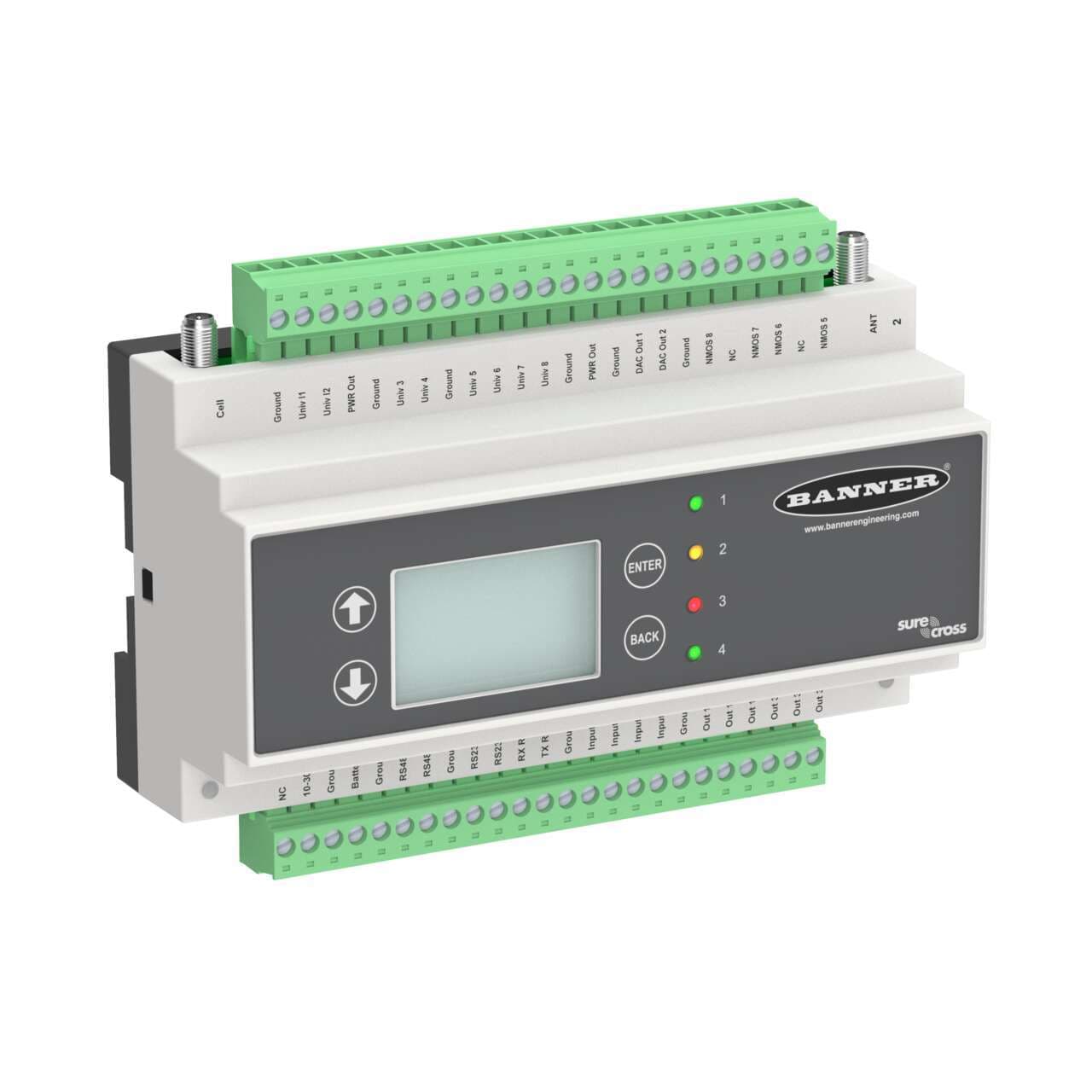 Banner DXM150-B2R3 DXM150 Controller; DX80 Performance Gateway 2.4 GHz 65 mW; Inputs: 2 Discrete, 8 Universal; Outputs: 8 Discrete, 2 Analog; SAM4 Processor, LCD Display; RS485, Ethernet, USB, Solar/Battery Controller Banner DXM150-B2R3 DXM150 Controller; DX80 Performance Gateway 2.4 GHz 65 mW; Inputs: 2 Discrete, 8 Universal; Outputs: 8 Discrete, 2 Analog; SAM4 Processor, LCD Display; RS485, Ethernet, USB, Solar/Battery Controller