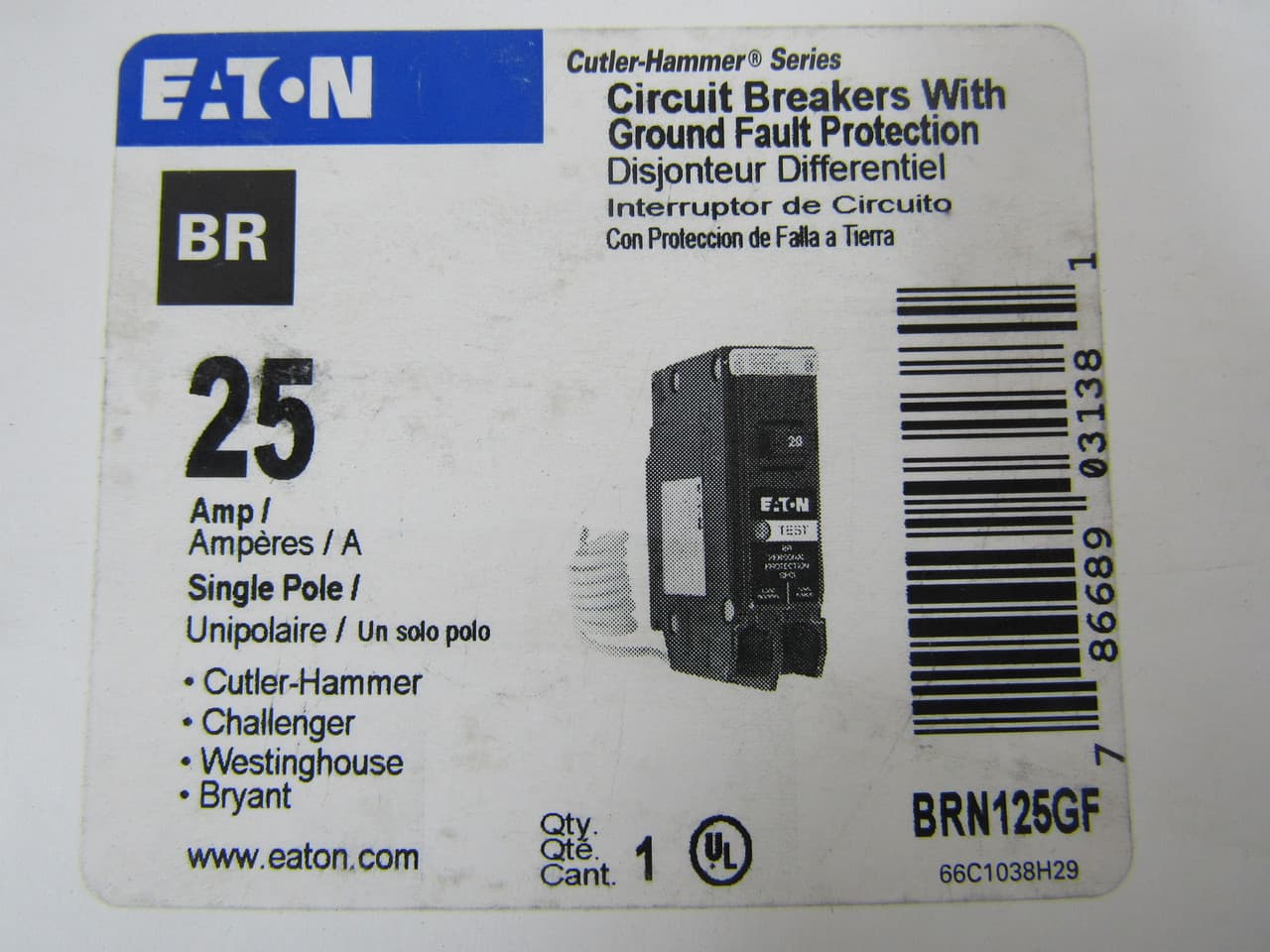 Eaton BRN125GF BRN125GF Eaton - Eaton BR GFCI circuit breaker,Plug-in ground fault circuit breaker,25 A,10 kAIC,Single-pole,120/240 V,BRN,Trip-to-center,Plug-on,#14-8 AWG,Ground fault circuit interrupter,GFI,5 mA Eaton BRN125GF BRN125GF Eaton - Eaton BR GFCI circuit breaker,Plug-in ground fault circuit breaker,25 A,10 kAIC,Single-pole,120/240 V,BRN,Trip-to-center,Plug-on,#14-8 AWG,Ground fault circuit interrupter,GFI,5 mA