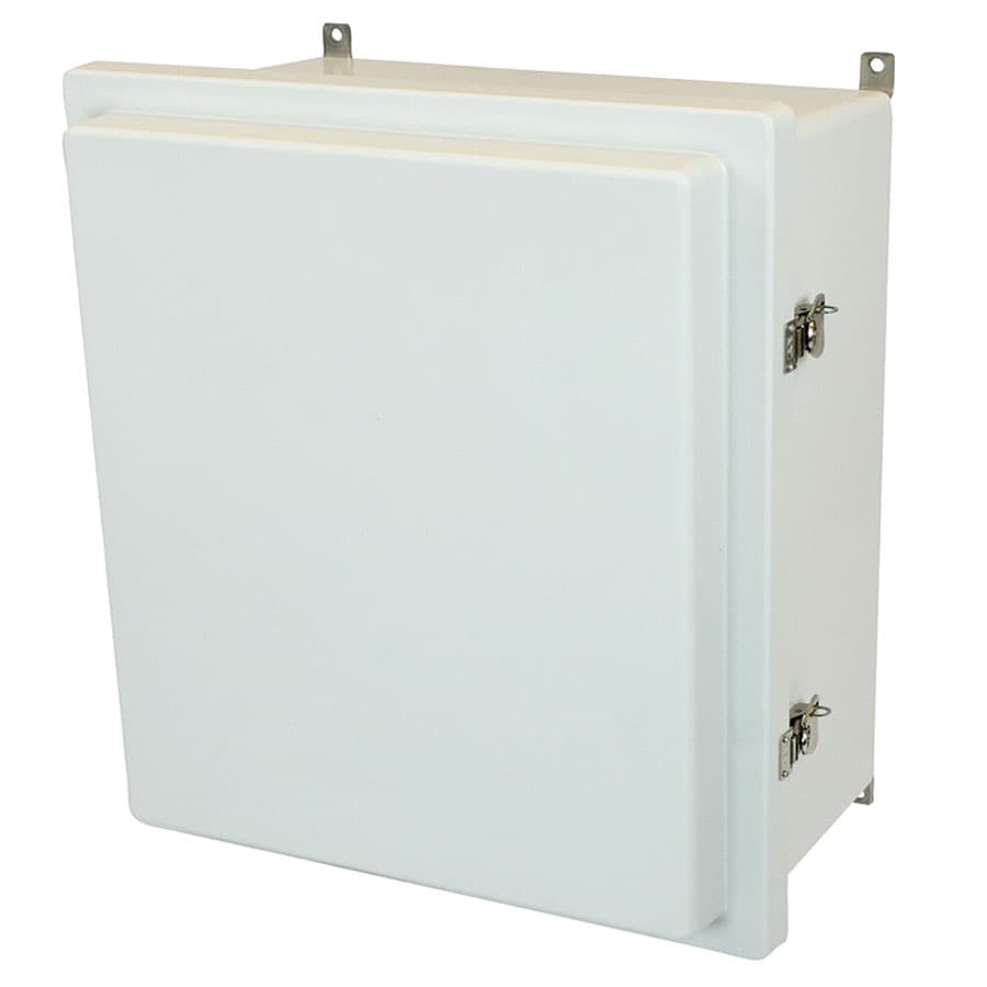 Allied Moulded Products AM1868RT 18"x16"x8" AM-R Series fiberglass wall mount enclosure assembly with raised hinged cover and stainless-steel twist latch Allied Moulded Products AM1868RT 18"x16"x8" AM-R Series fiberglass wall mount enclosure assembly with raised hinged cover and stainless-steel twist latch