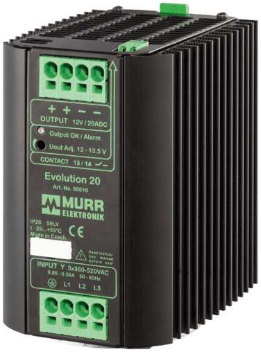 Murr Elektronik 85016 85016 Murrelektronik - EVOLUTION POWER SUPPLY 3-PHASE, IN: 360-520VAC OUT: 12-13,5V/20ADC, Allows continuous two-phase- operation, Extra-power - for 4 seconds 50% additional power Murr Elektronik 85016 85016 Murrelektronik - EVOLUTION POWER SUPPLY 3-PHASE, IN: 360-520VAC OUT: 12-13,5V/20ADC, Allows continuous two-phase- operation, Extra-power - for 4 seconds 50% additional power