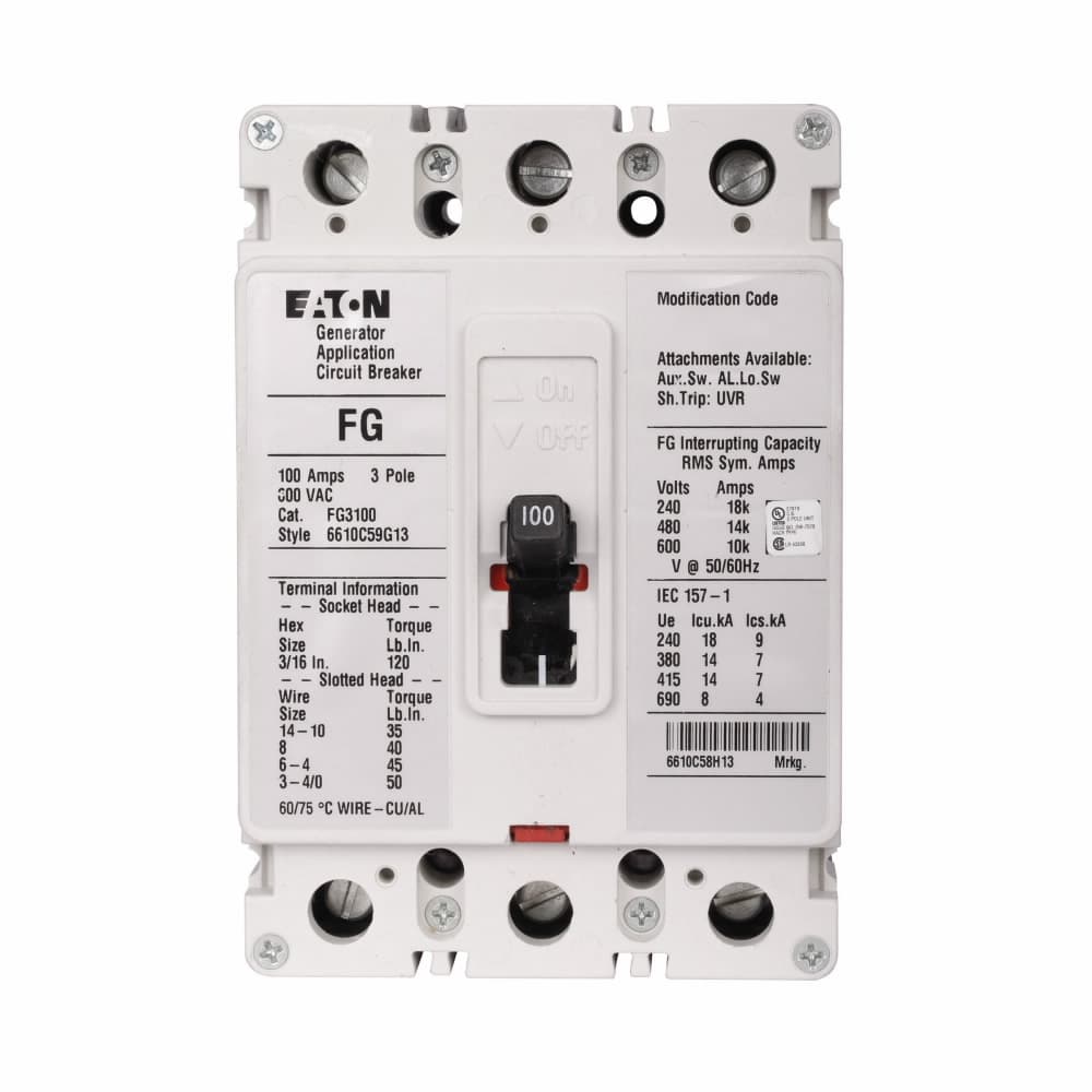 Eaton FG3050WA12D05S03Z04 FG3050WA12D05S03Z04 Eaton - Eaton Series C complete molded case circuit breaker, F-frame, FG, Fixed thermal and magnetic trips, Three-pole, 50A, 600 Vac, 18 kAIC at 240 Vac, 14 kAIC at 480 Vac, 12-24 Vac/dc opposite side w/ left pigtail, Reverse, 60 Hz, KPR1AM Eaton FG3050WA12D05S03Z04 FG3050WA12D05S03Z04 Eaton - Eaton Series C complete molded case circuit breaker, F-frame, FG, Fixed thermal and magnetic trips, Three-pole, 50A, 600 Vac, 18 kAIC at 240 Vac, 14 kAIC at 480 Vac, 12-24 Vac/dc opposite side w/ left pigtail, Reverse, 60 Hz, KPR1AM