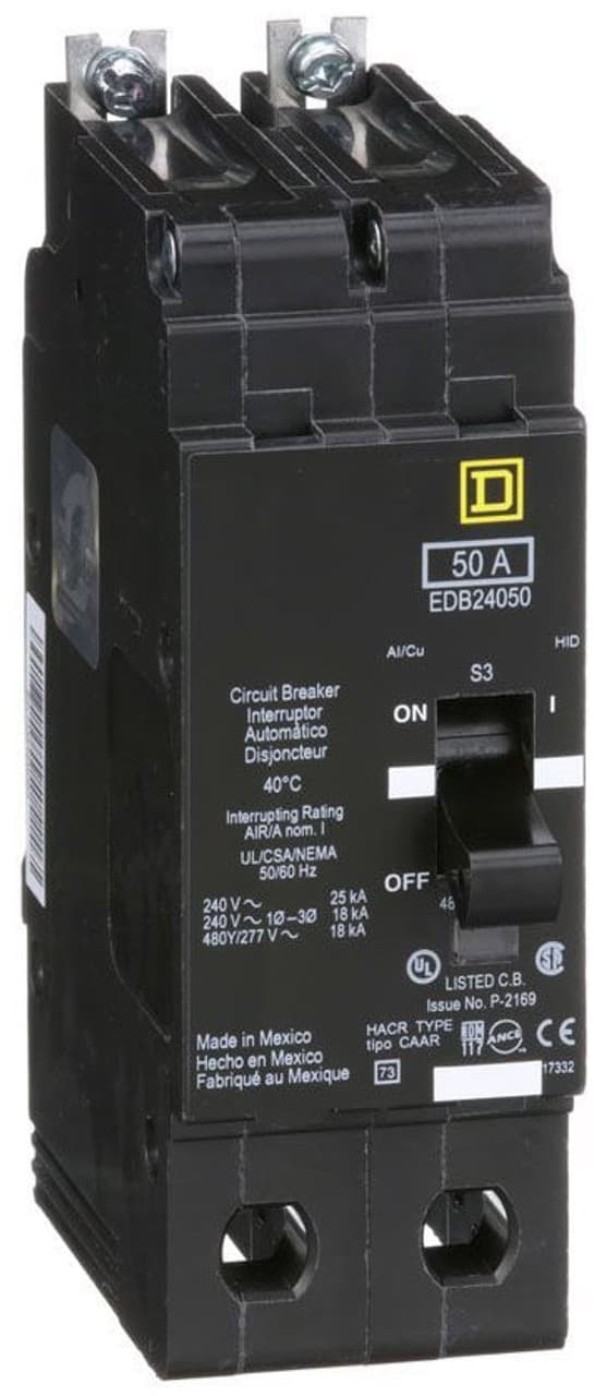 Schneider Electric EDB24050 Square D by Schneider Electric EDB24050 is a Miniature Circuit Breaker (MCB) designed for bolt-on mounting with a visual trip indicator. It features lugs type terminals and is rated for 480 V AC. This MCB offers short-circuit and overload protection, functioning both as an Equipment Protection Device (EPD) and a Circuit Breaker (CB) with a breaking capacity code D. It utilizes an aluminium lugs connection and supports a rated current of 50A across 2 poles. The cross-section compatibility ranges from 12 to 2/0 AWG. Its short circuit breaking rating is specified at 25kA for both 120Vac and 240Vac, and 18kA for 480Y/277Vac. The EDB24050 employs a thermal-magnetic trip unit with protection settings at a trip unit rating of 1800A. Schneider Electric EDB24050 Square D by Schneider Electric EDB24050 is a Miniature Circuit Breaker (MCB) designed for bolt-on mounting with a visual trip indicator. It features lugs type terminals and is rated for 480 V AC. This MCB offers short-circuit and overload protection, functioning both as an Equipment Protection Device (EPD) and a Circuit Breaker (CB) with a breaking capacity code D. It utilizes an aluminium lugs connection and supports a rated current of 50A across 2 poles. The cross-section compatibility ranges from 12 to 2/0 AWG. Its short circuit breaking rating is specified at 25kA for both 120Vac and 240Vac, and 18kA for 480Y/277Vac. The EDB24050 employs a thermal-magnetic trip unit with protection settings at a trip unit rating of 1800A.