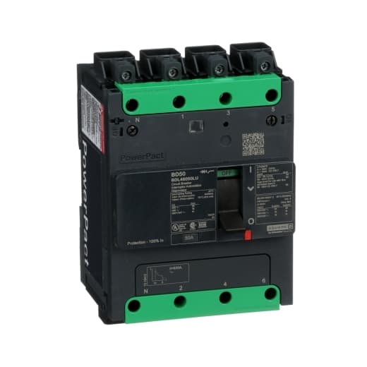 Schneider Electric BDL46050LU Square D by Schneider Electric BDL46050LU is a Moulded Case Circuit Breaker (MCCB) within the PowerPacT BDL sub-range, featuring a PowerPact B-Frame 100 TMD 4P 50A 600Y/347Vac 14kA design. It includes Everlink (Creep compensating) lugs on both line and load sides and a Control Wire terminal (CWT) on the line side only. This MCCB has a degree of protection rated at IP40 and supports a rated current of 50A with a rated voltage (AC) of 600Vac 600Y/347Vac. It is designed for fixed mounting on DIN rail or as an individual unit mount on a plate, with a 4-pole (4P) configuration. The net dimensions are 137 mm in height, 80 mm in depth, and 108 mm in width. It falls under utilisation category A and offers protection settings including over-current fixed at 50A, short-circuit hold current fixed at 480A, and short-circuit trip current fixed at 720A. The rated voltage (DC) is 250Vdc, with a rated insulation voltage (Ui) of 800 V and a rated operating voltage (Ue) of 525 V. Protection functions include thermal protection for overload and magnetic protection for short-circuits, with a trip current rating of 50 AT. Its electrical durability with load is rated for 10,000 operations at 440Vac; In, and it has a frame current rating of 100 AF. The operating mode is manual toggle, and it features a short circuit breaking rating of 25kA at 240Vac, 18kA at 480Vac and 480Y/277Vac, and 14kA at 600Y/347Vac under UL489 standards. The trip unit type is thermal-magnetic (fixed) without a display. Schneider Electric BDL46050LU Square D by Schneider Electric BDL46050LU is a Moulded Case Circuit Breaker (MCCB) within the PowerPacT BDL sub-range, featuring a PowerPact B-Frame 100 TMD 4P 50A 600Y/347Vac 14kA design. It includes Everlink (Creep compensating) lugs on both line and load sides and a Control Wire terminal (CWT) on the line side only. This MCCB has a degree of protection rated at IP40 and supports a rated current of 50A with a rated voltage (AC) of 600Vac 600Y/347Vac. It is designed for fixed mounting on DIN rail or as an individual unit mount on a plate, with a 4-pole (4P) configuration. The net dimensions are 137 mm in height, 80 mm in depth, and 108 mm in width. It falls under utilisation category A and offers protection settings including over-current fixed at 50A, short-circuit hold current fixed at 480A, and short-circuit trip current fixed at 720A. The rated voltage (DC) is 250Vdc, with a rated insulation voltage (Ui) of 800 V and a rated operating voltage (Ue) of 525 V. Protection functions include thermal protection for overload and magnetic protection for short-circuits, with a trip current rating of 50 AT. Its electrical durability with load is rated for 10,000 operations at 440Vac; In, and it has a frame current rating of 100 AF. The operating mode is manual toggle, and it features a short circuit breaking rating of 25kA at 240Vac, 18kA at 480Vac and 480Y/277Vac, and 14kA at 600Y/347Vac under UL489 standards. The trip unit type is thermal-magnetic (fixed) without a display.